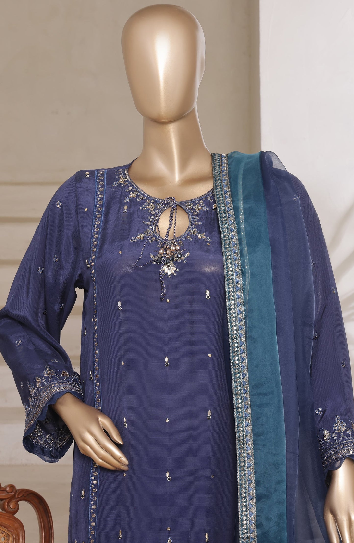 Khombi Luxury Embroidered Raw Silk Stitched 3 Piece Suit - 02 Delight - KHM26PRF - Blue - Formal Collection