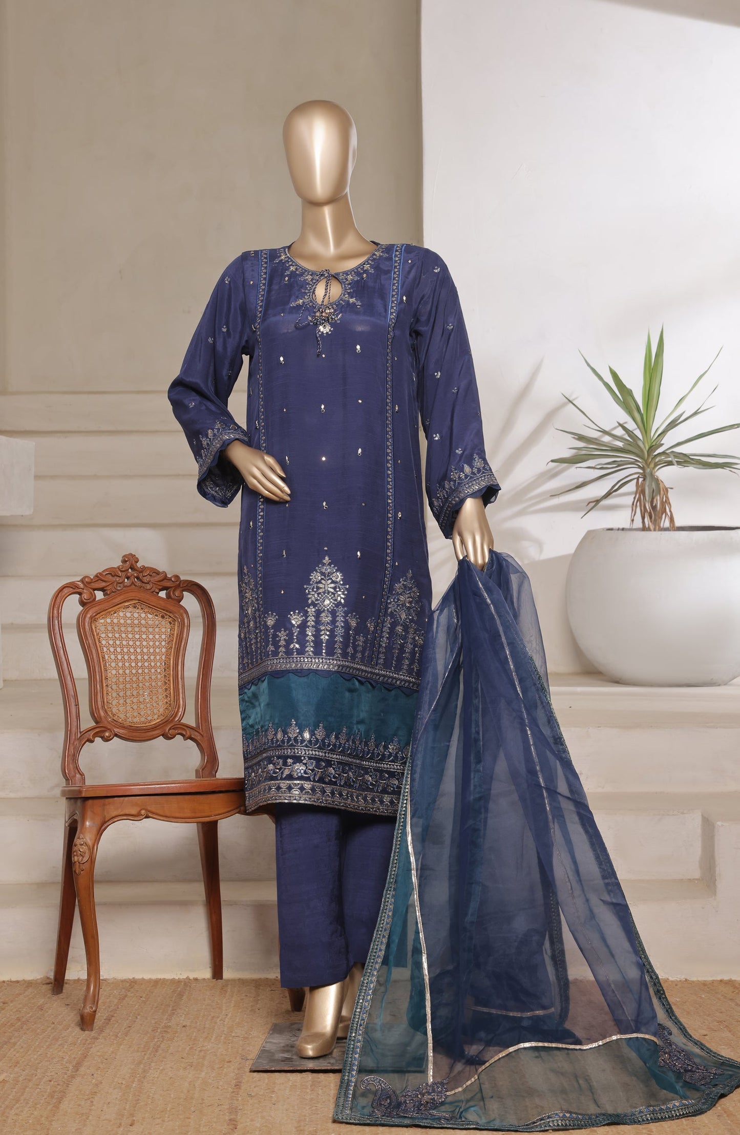 Khombi Luxury Embroidered Raw Silk Stitched 3 Piece Suit - 02 Delight - KHM26PRF - Blue - Formal Collection