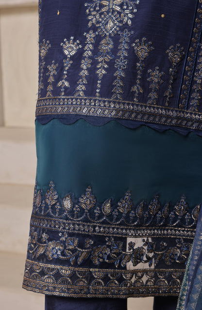 Khombi Luxury Embroidered Raw Silk Stitched 3 Piece Suit - 02 Delight - KHM26PRF - Blue - Formal Collection