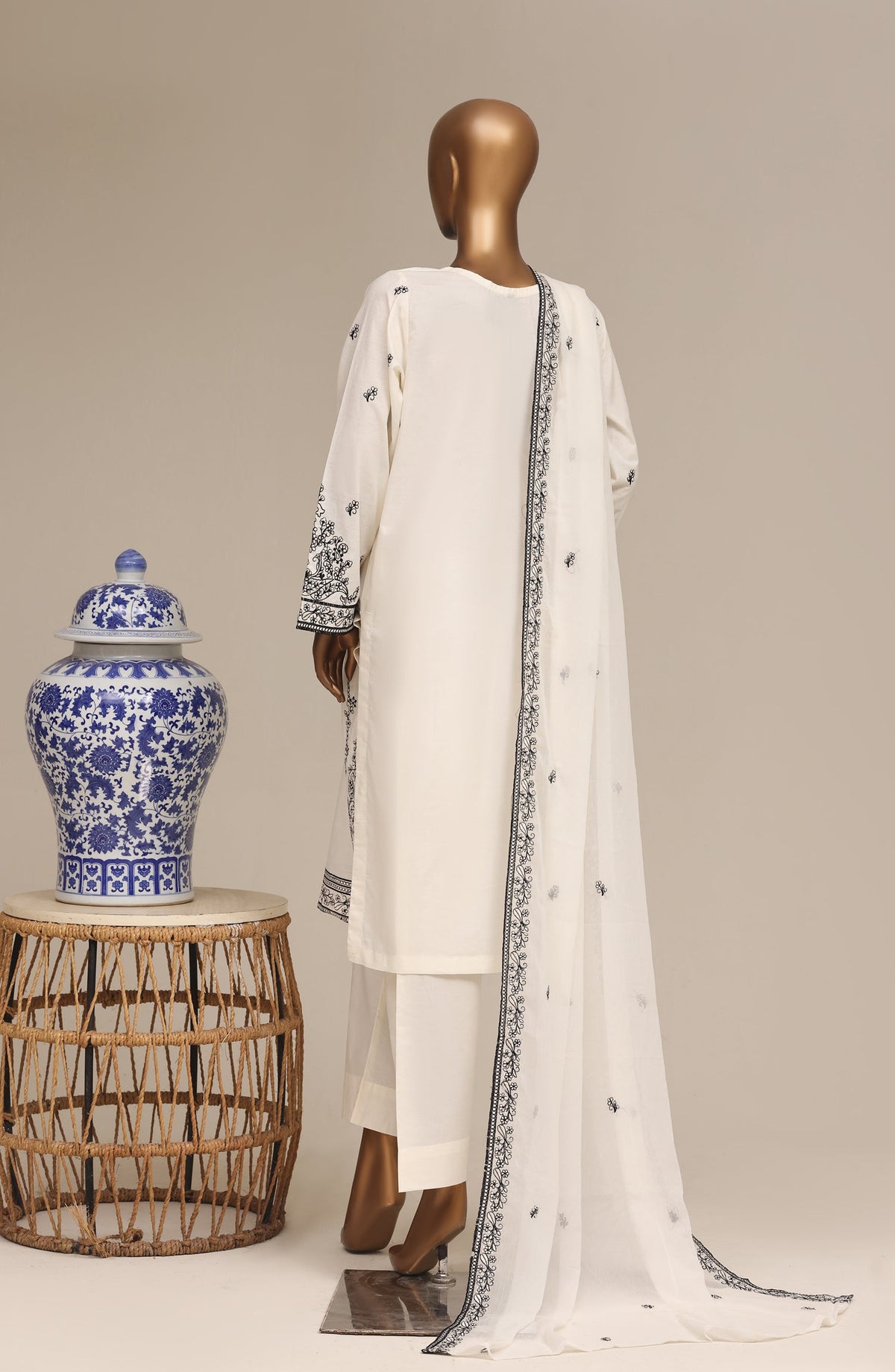 Khombi Luxury Embroidered Cotton Stitched 3 Piece Suit - 01 Sketch - KHM26PRF - White - Formal Collection