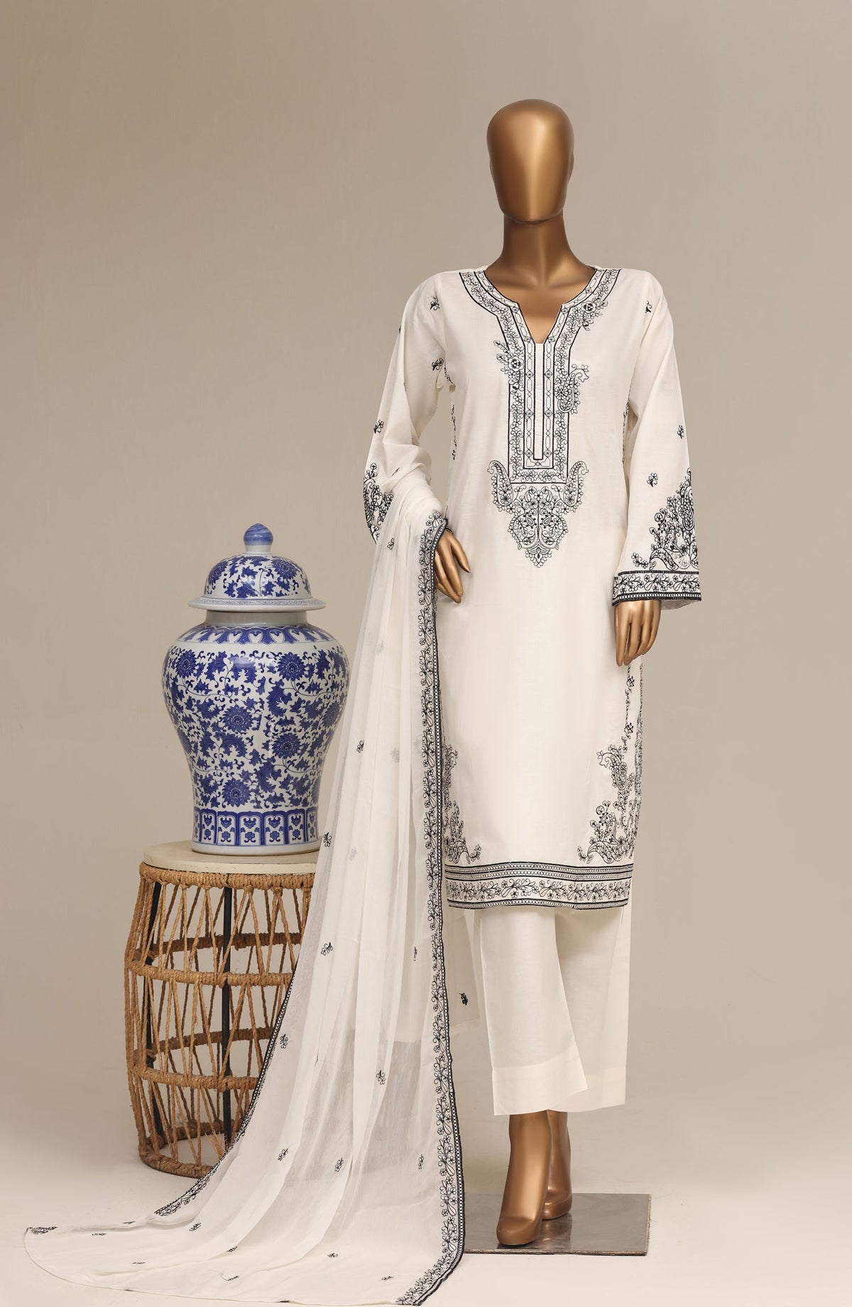 Khombi Luxury Embroidered Cotton Stitched 3 Piece Suit - 01 Sketch - KHM26PRF - White - Formal Collection
