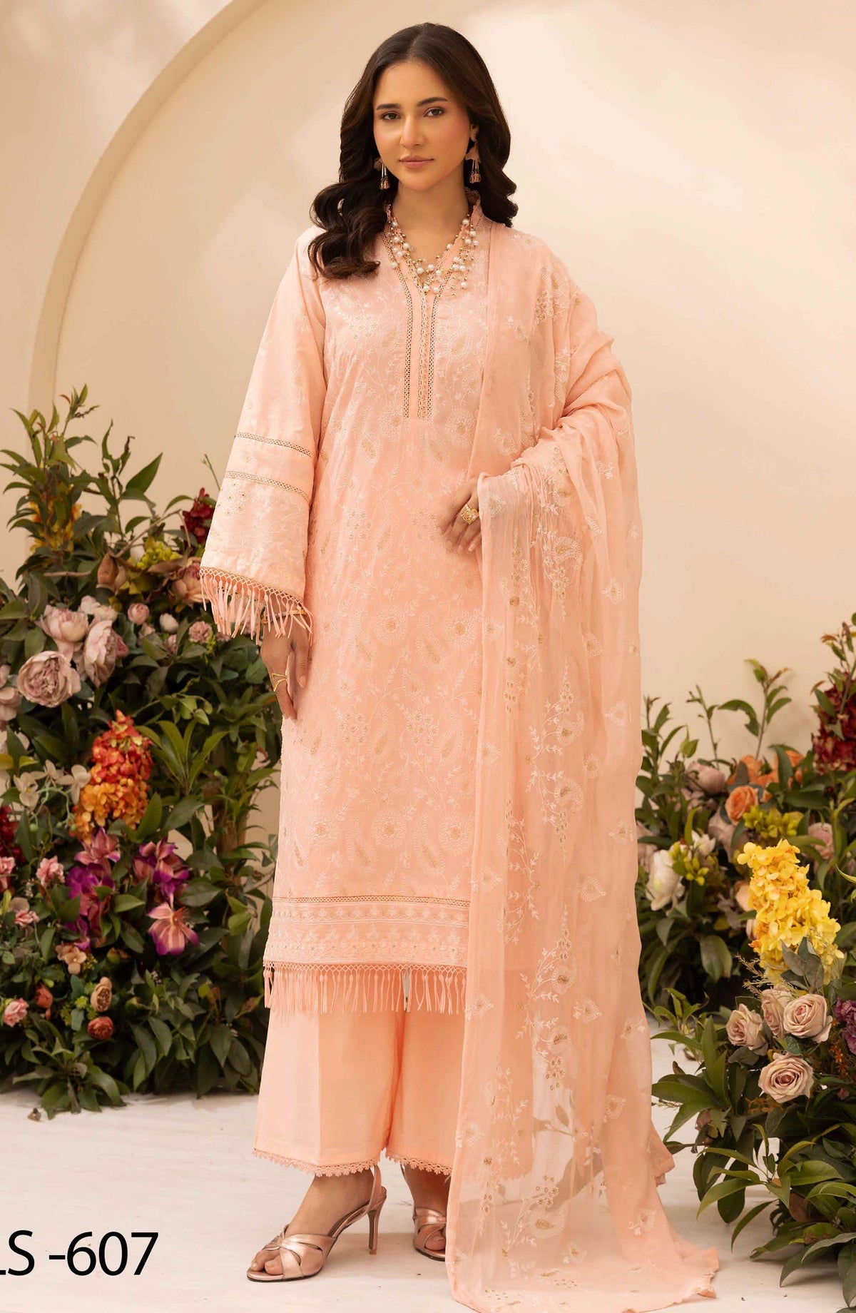 Khoobsurat by Embroidered Lawn Unstitched 3 Piece Suit - LS-607 - AK26LW - Peach - Summer Collection