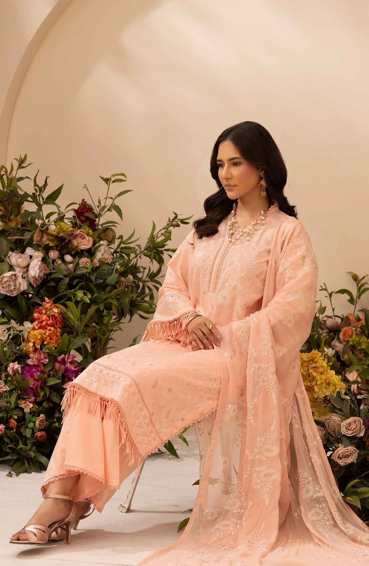 Khoobsurat by Al Karim Embroidered Lawn Unstitched 3 Piece Suit - LS-607 - AK26LW - Peach - Summer Collection