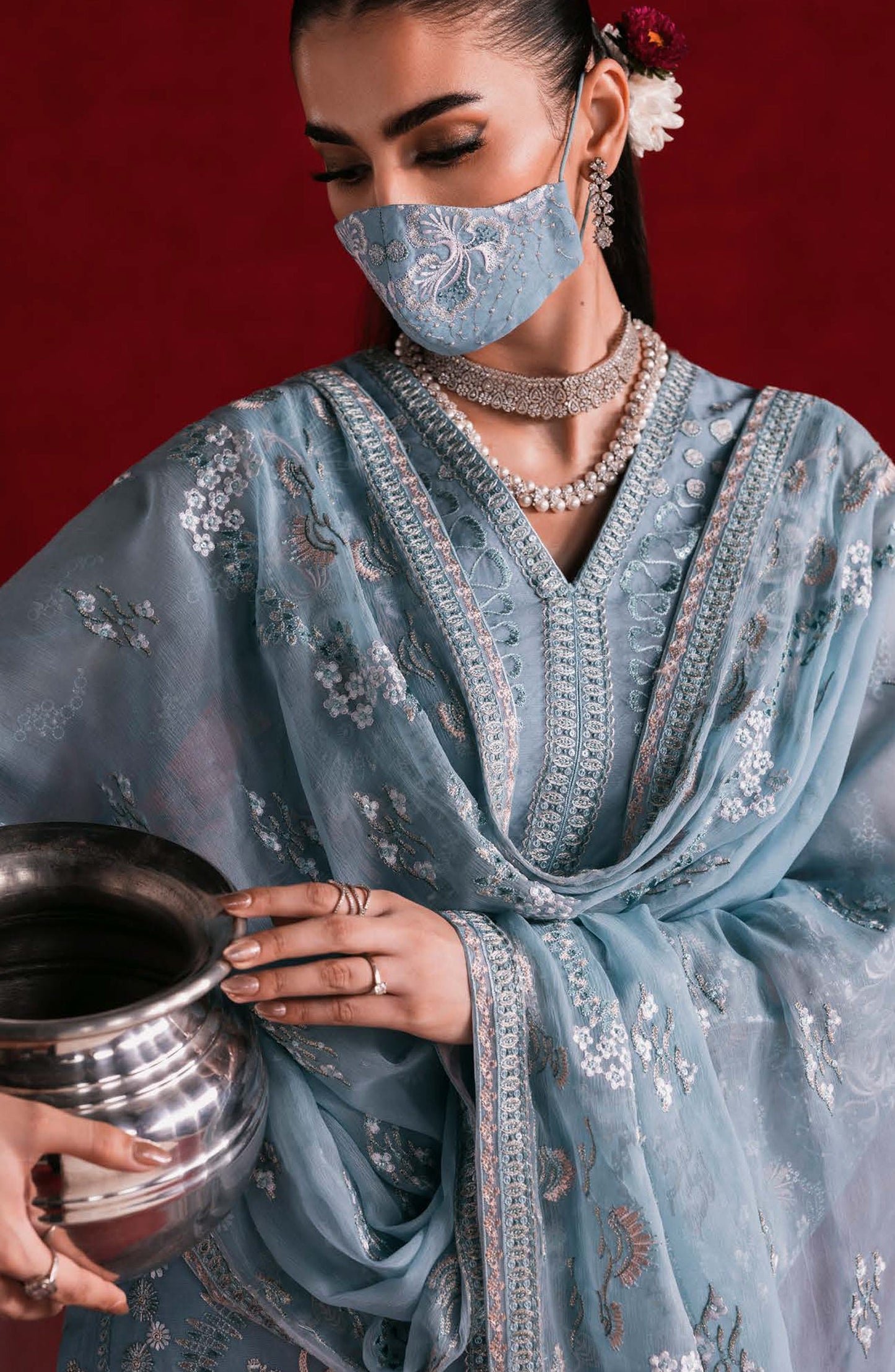 Kohinoor by Flossie Embroidered Luxury Chiffon Unstitched 3 Piece Suit - KOH-07 - FLS25KHN - Blue - Luxury Collection