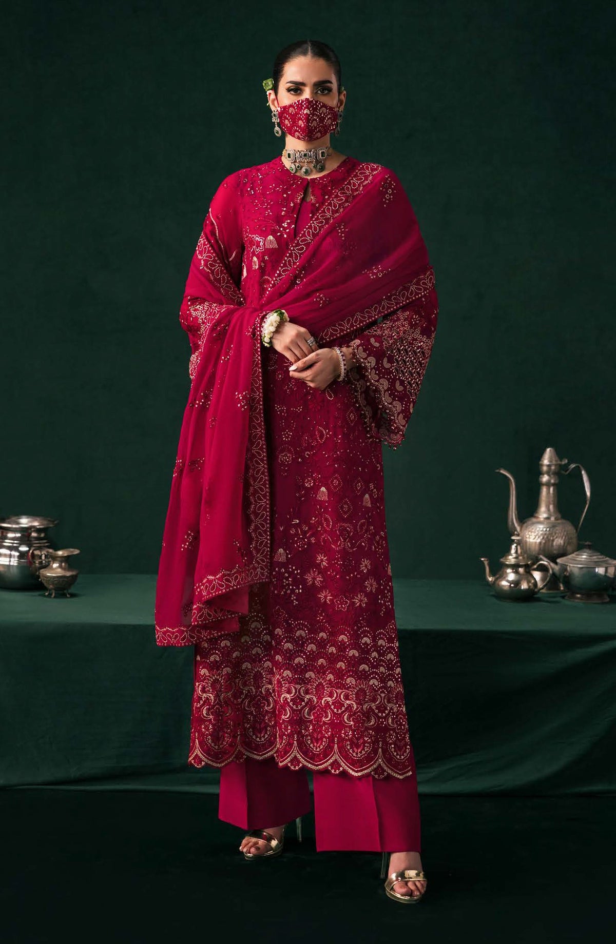 Kohinoor by Flossie Embroidered Luxury Chiffon Unstitched 3 Piece Suit - KOH-04 - FLS25KHN - Red - Luxury Collection
