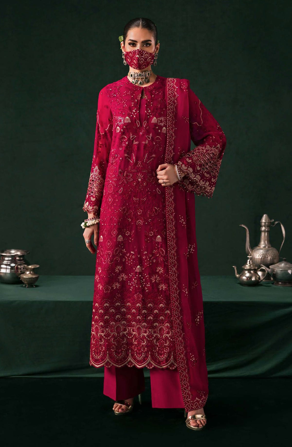 Kohinoor by Flossie Embroidered Luxury Chiffon Unstitched 3 Piece Suit - KOH-04 - FLS25KHN - Red - Luxury Collection