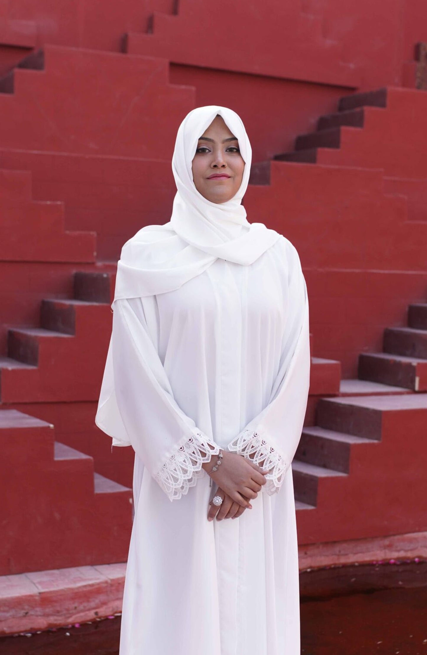 La Khilaba Daily Wear Printed Premium Korean Nida - White Laced Abaya - LKH25DWA - Abaya Collection