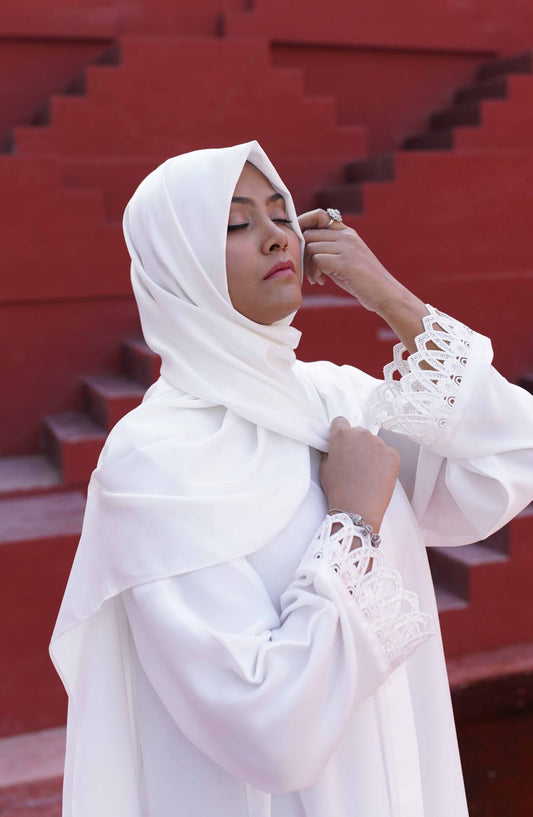 La Khilaba Daily Wear Printed Premium Korean Nida - White Laced Abaya - LKH25DWA - Abaya Collection
