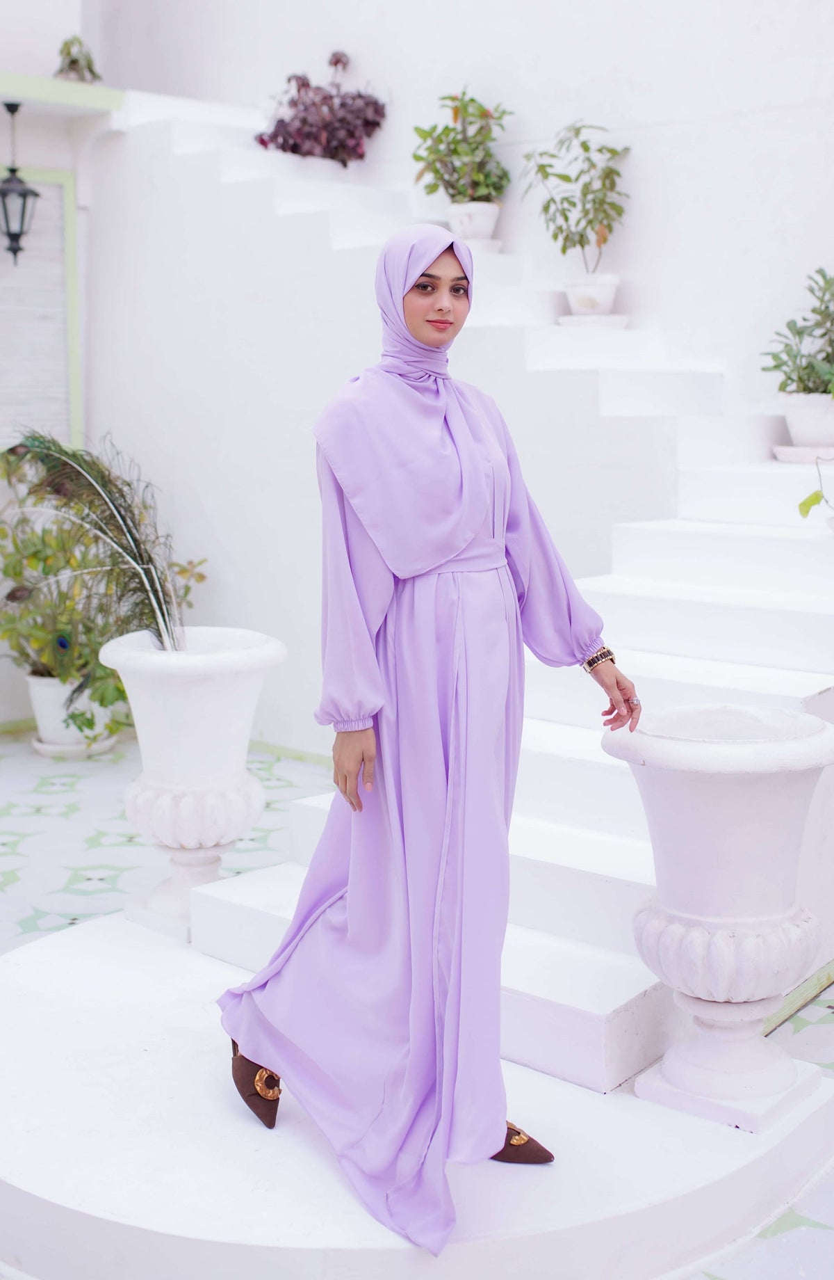 La Khilaba Daily Wear Printed High-end Georgette - Lilac Open Abaya - LKH25DWA - Abaya Collection