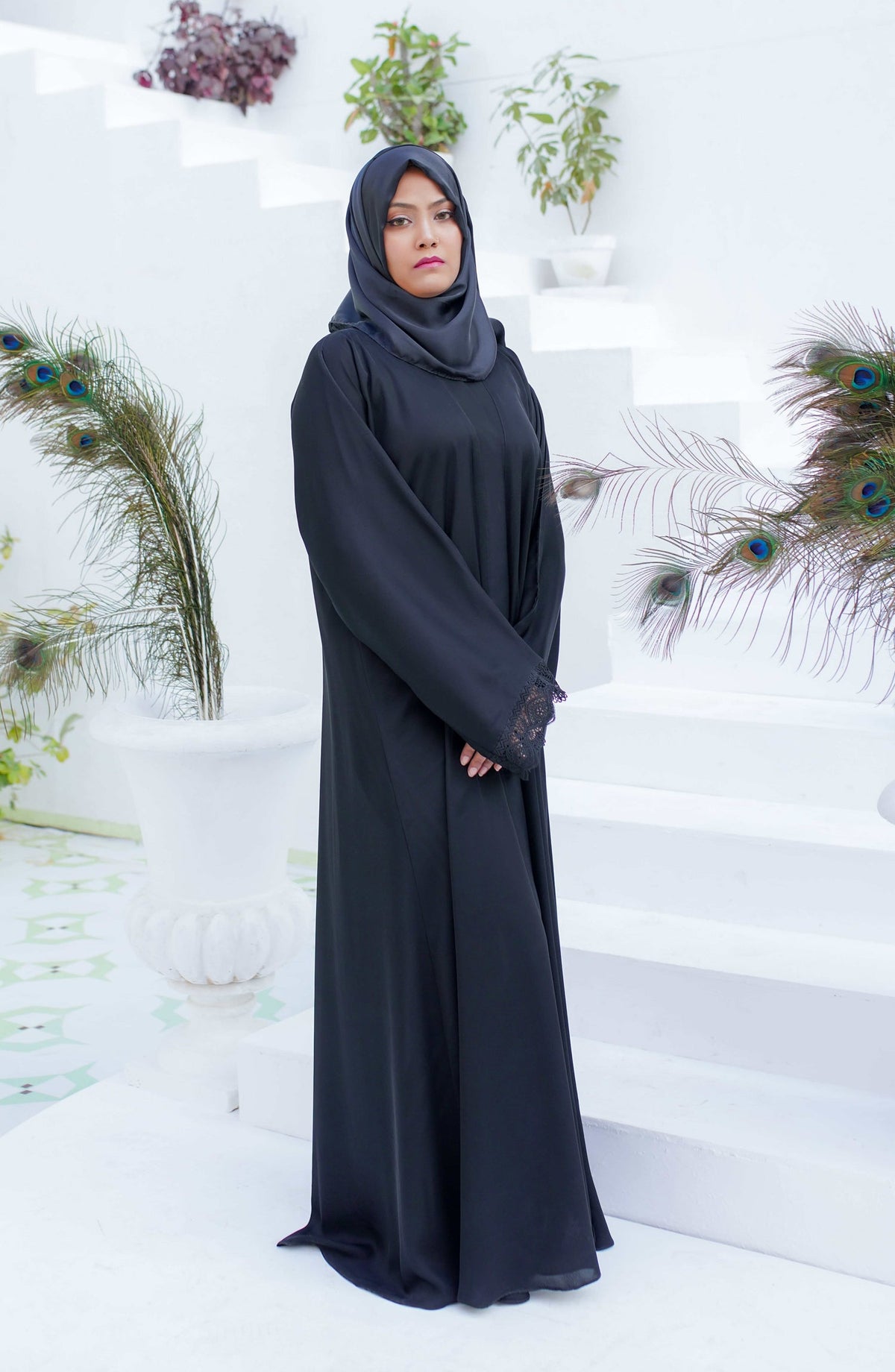 La Khilaba Daily Wear Printed Korean Nida - Black Laced Abaya - LKH25DWA - Abaya Collection