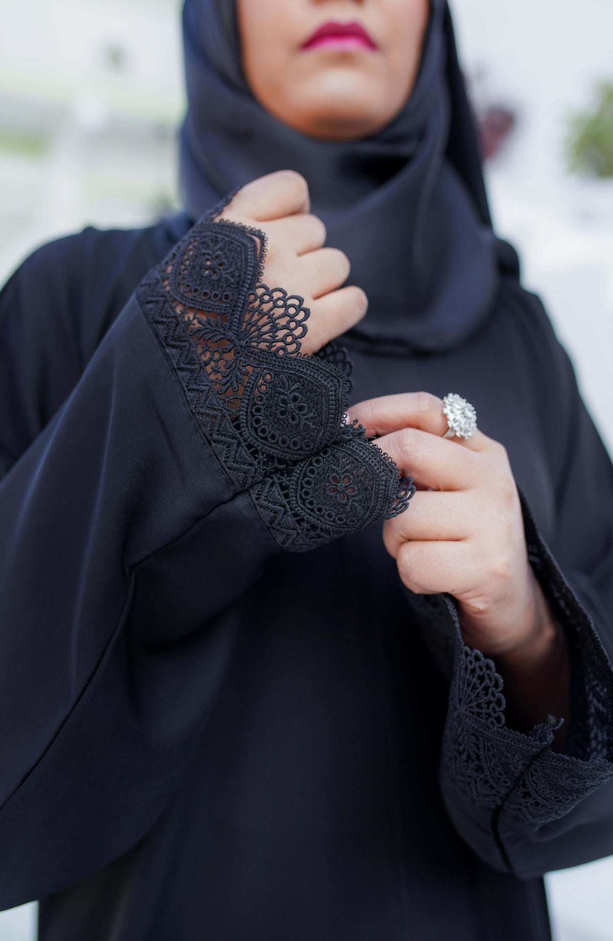 La Khilaba Daily Wear Printed Korean Nida - Black Laced Abaya - LKH25DWA - Abaya Collection