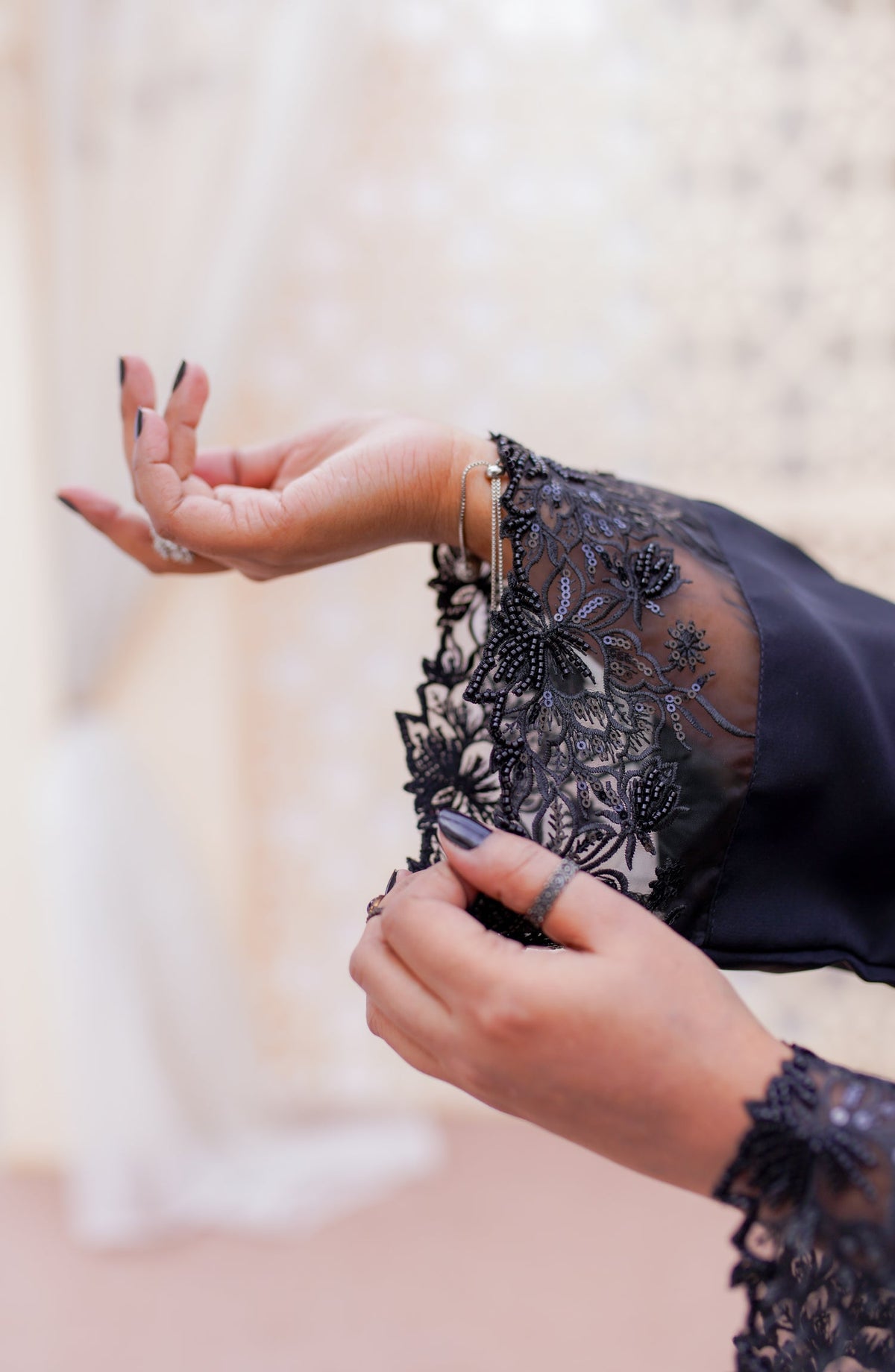 La Khilaba Festive Wear Embroidered Premium Quality Nida - Black Embellished Sleeves Abaya - LKH25FSW - Abaya Collection