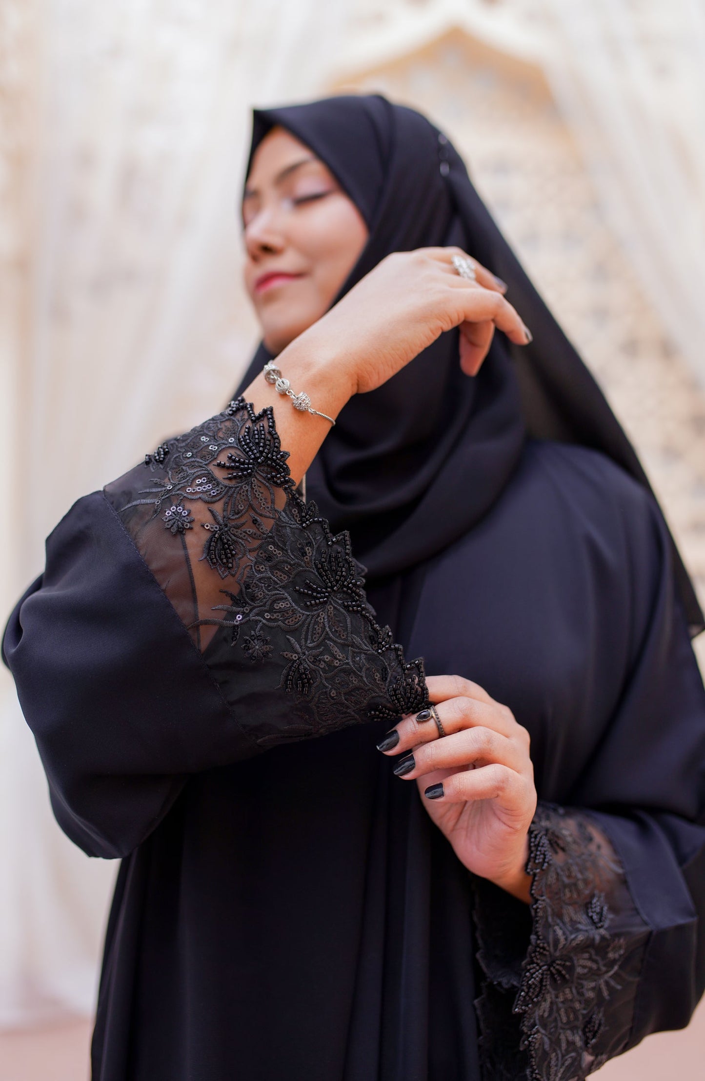La Khilaba Festive Wear Embroidered Premium Quality Nida - Black Embellished Sleeves Abaya - LKH25FSW - Abaya Collection