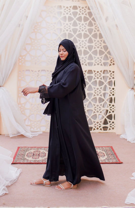 La Khilaba Festive Wear Embroidered Premium Quality Nida - Black Embellished Sleeves Abaya - LKH25FSW - Abaya Collection