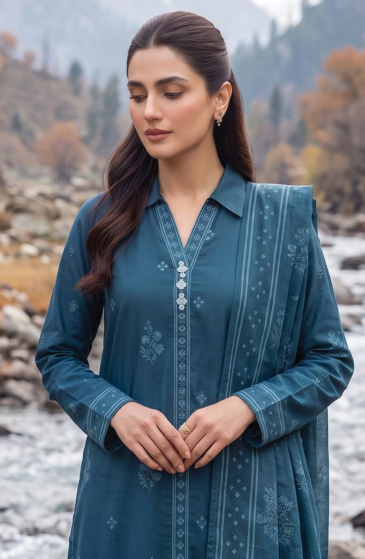 Lakhany Printed Pashmina Unstitched 3 Piece Suit - D-08 - LKN26PS - Blue - Winter Collection