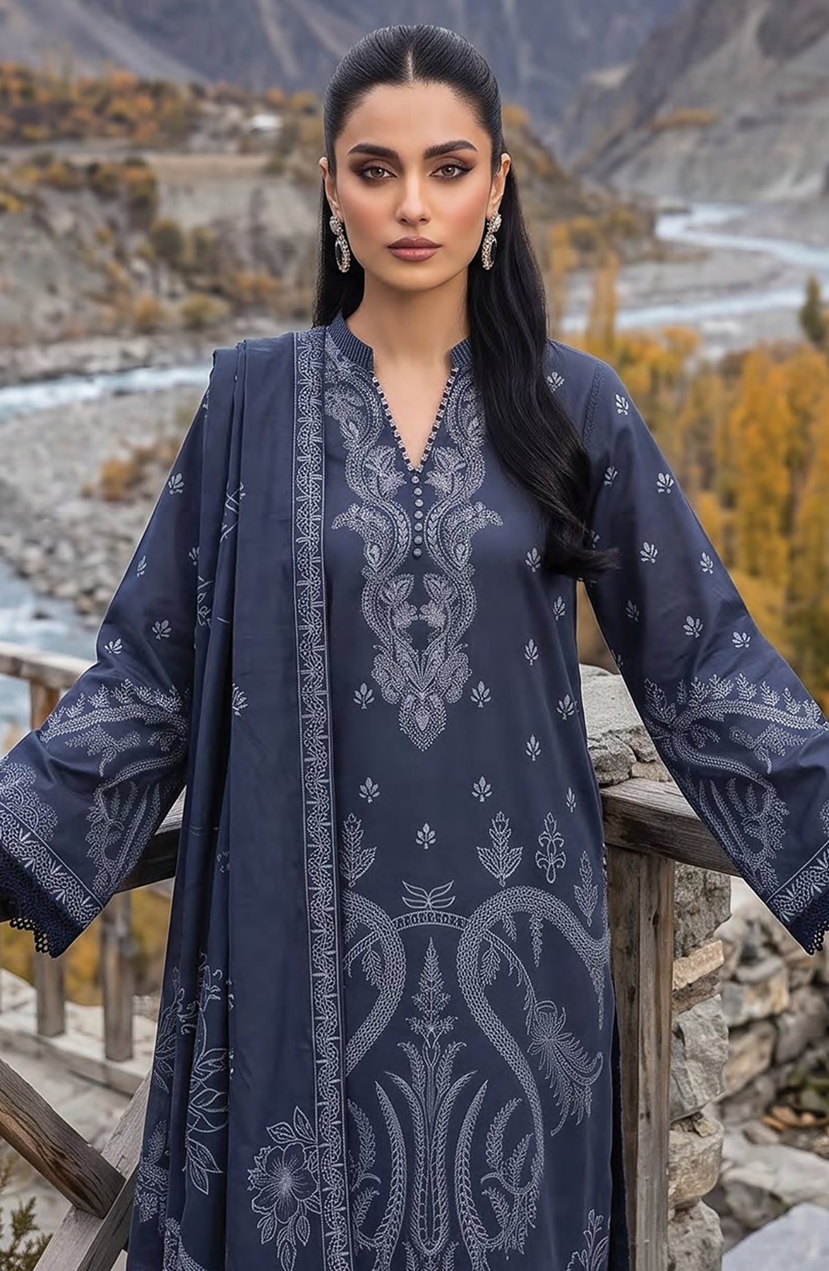 Lakhany Printed Pashmina Unstitched 3 Piece Suit - D-06 - LKN26PS - Blue - Winter Collection