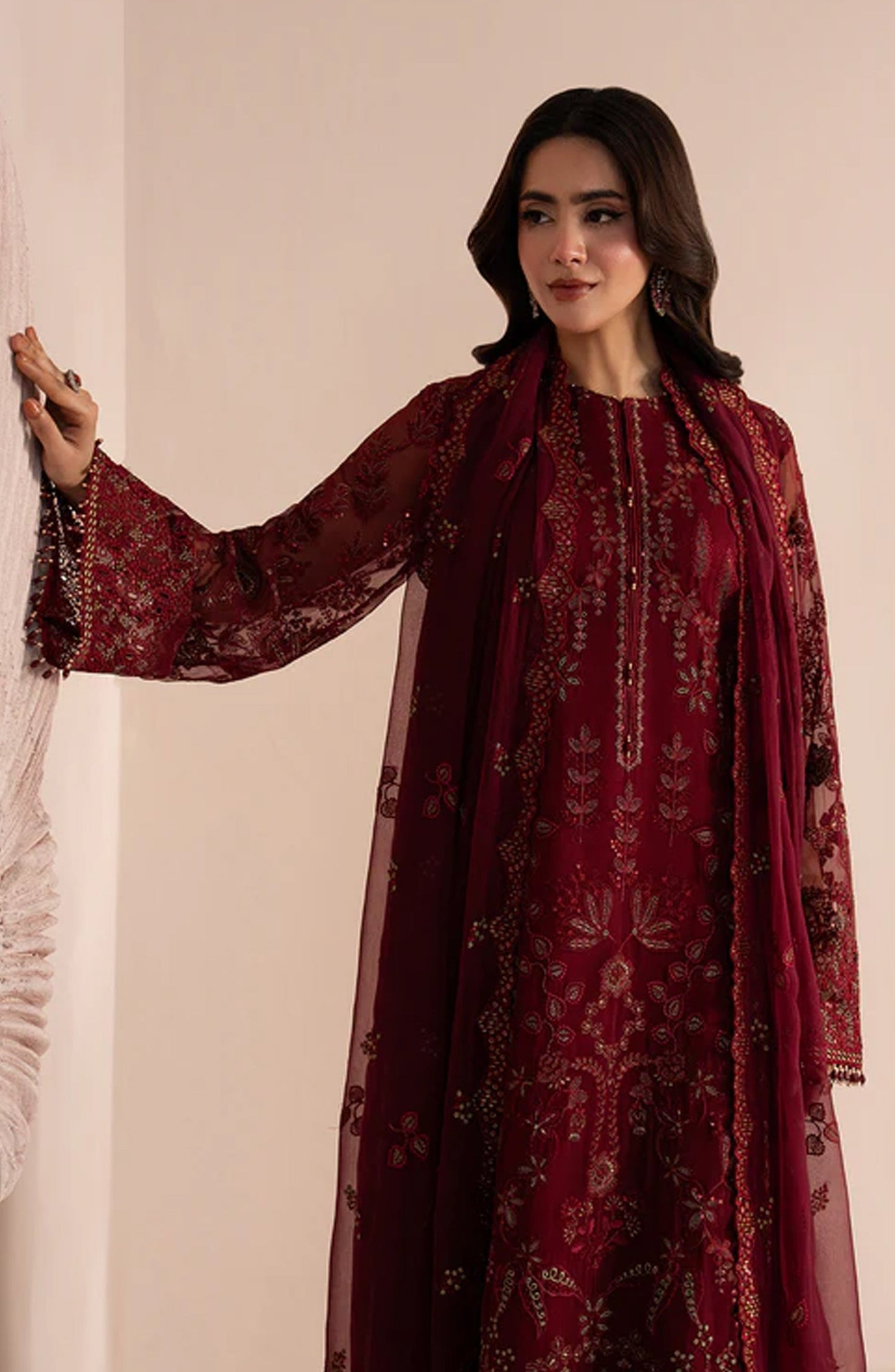Lamisah Izhare Muhabbat Embroidered Chiffon Unstitched 3 Piece Suit - Red Ruby - LP26IZH - Luxury Collection