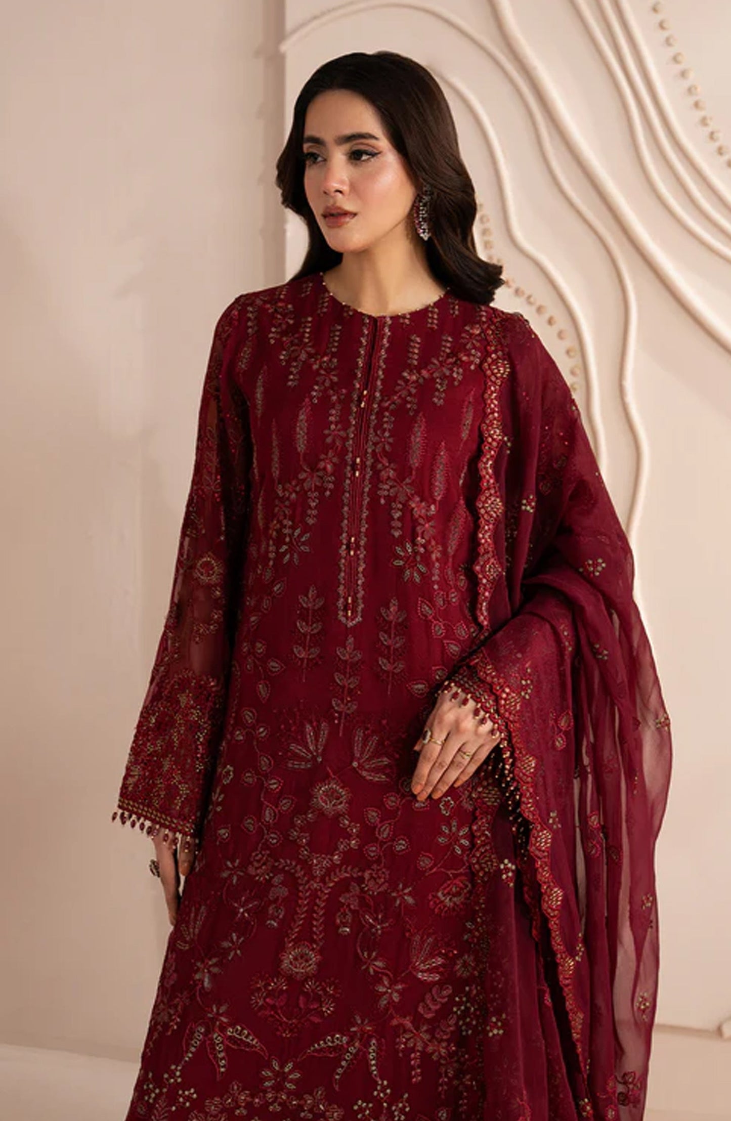 Lamisah Izhare Muhabbat Embroidered Chiffon Unstitched 3 Piece Suit - Red Ruby - LP26IZH - Luxury Collection