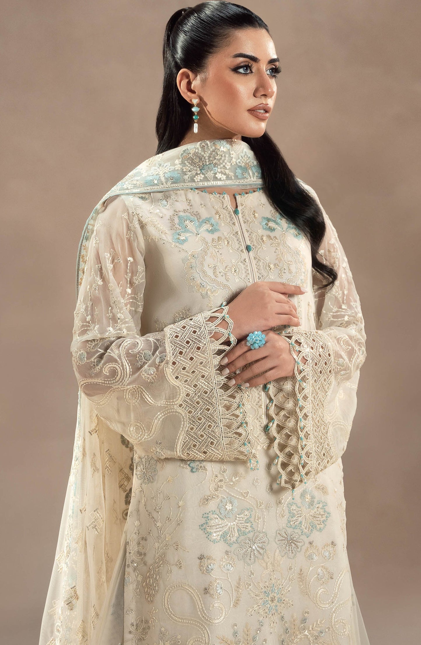 Lamisah by Lavish Premium Afsana Embroidered Chiffon Unstitched 3 Piece Suit - D-07 Pearl Garden - LP25AFS - Fawn - Luxury Collection
