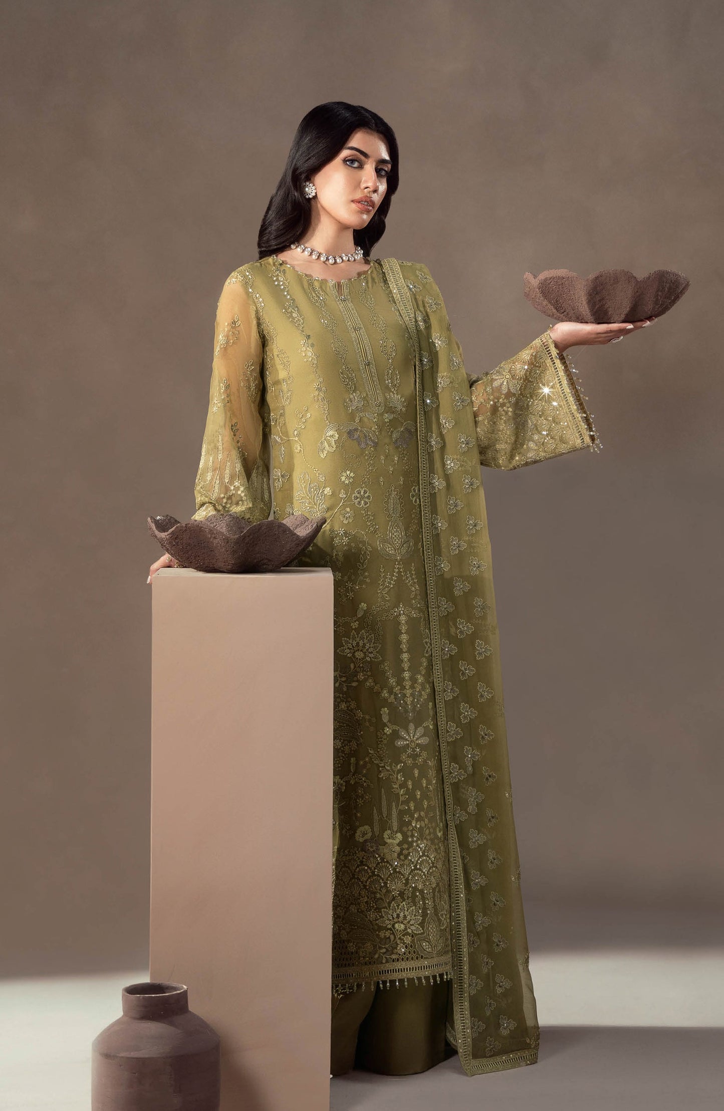 Lamisah by Lavish Premium Afsana Embroidered Chiffon Unstitched 3 Piece Suit - D-05 Sage Empress - LP25AFS - Green - Luxury Collection