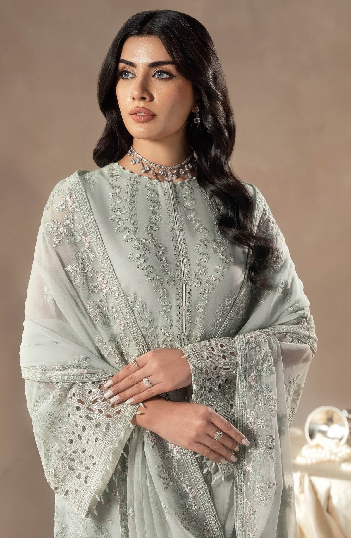Lamisah by Lavish Premium Afsana Embroidered Chiffon Unstitched 3 Piece Suit - D-03 Frosted Serenity - LP25AFS - Blue - Luxury Collection