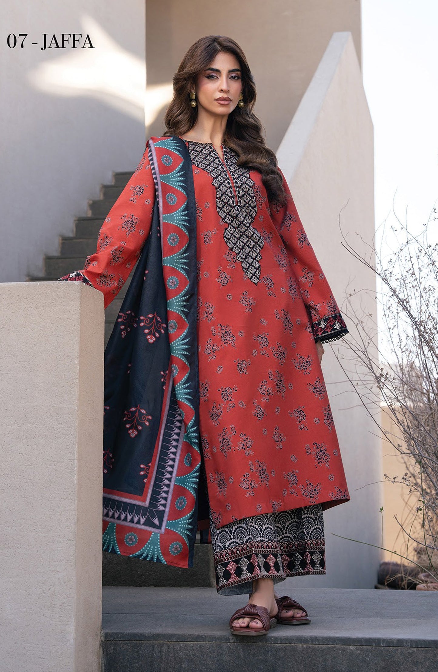 Layana by Xenia Embroidered Lawn Unstitched 3 Piece Suit - D-07 JAFFA - XF26LY - Red - Summer Collection