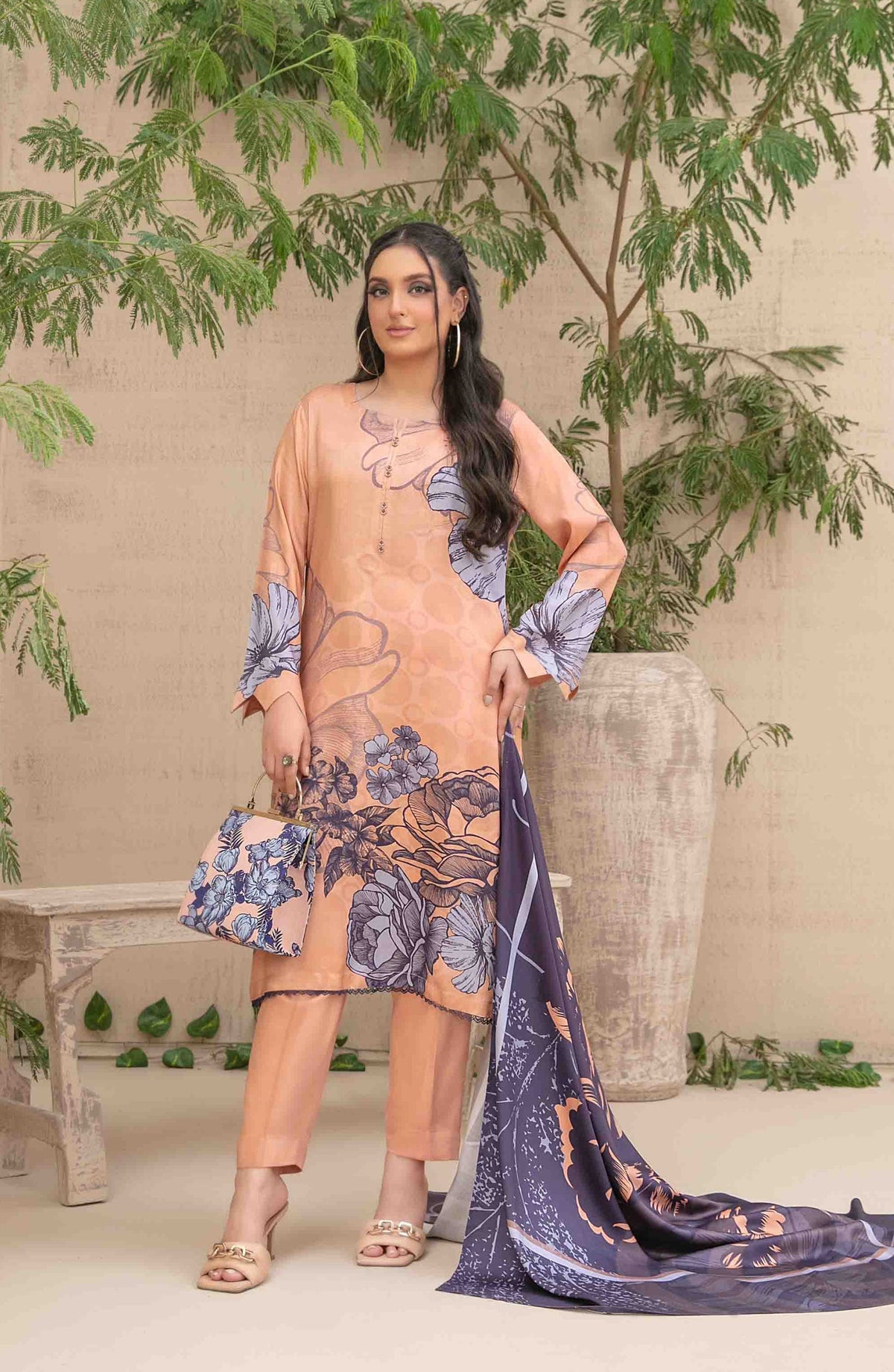 Layina by Tawakkal Fabrics Digital Printed Staple Stitched 3 Piece Suit - D-5087 - TF25STP - Peach - Summer Collection