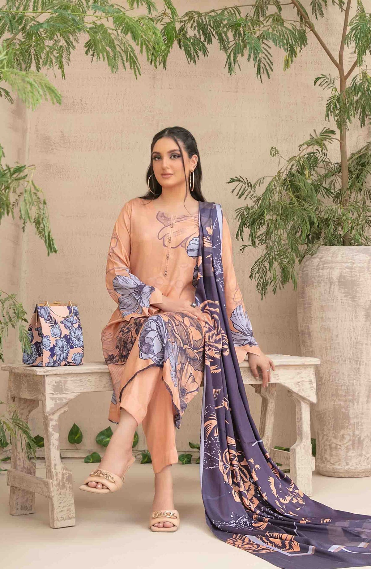 Layina by Tawakkal Fabrics Digital Printed Staple Stitched 3 Piece Suit - D-5087 - TF25STP - Peach - Summer Collection