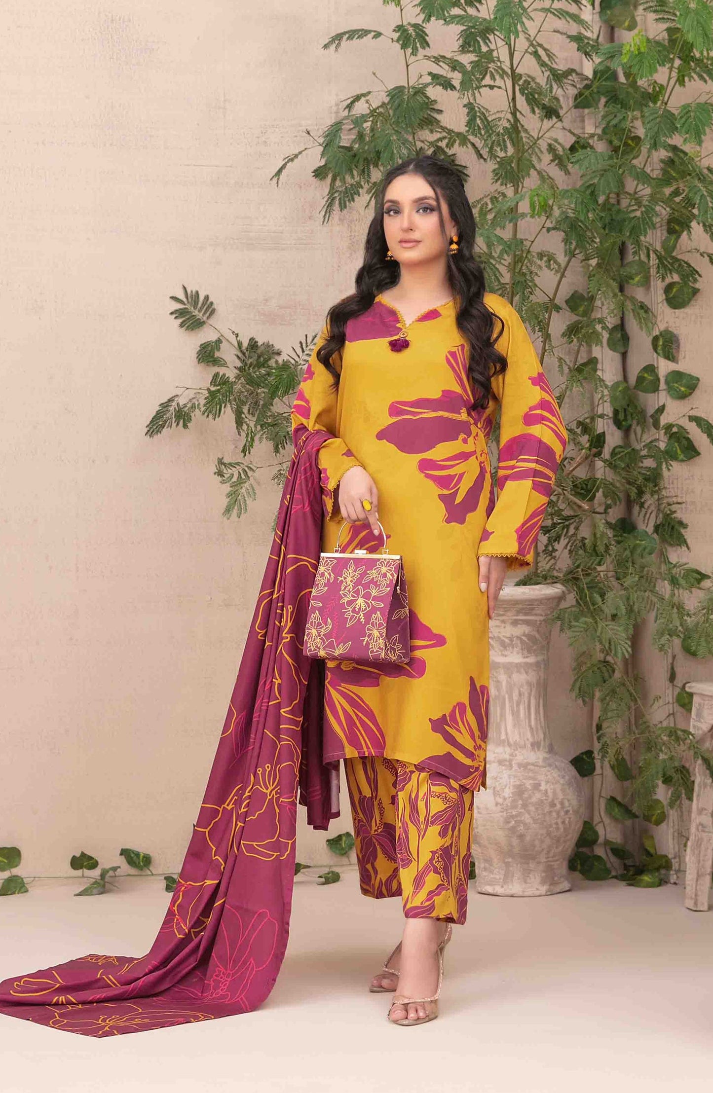 Layina by Tawakkal Fabrics Digital Printed Staple Stitched 3 Piece Suit - D-5086 - TF25STP - Yellow - Summer Collection