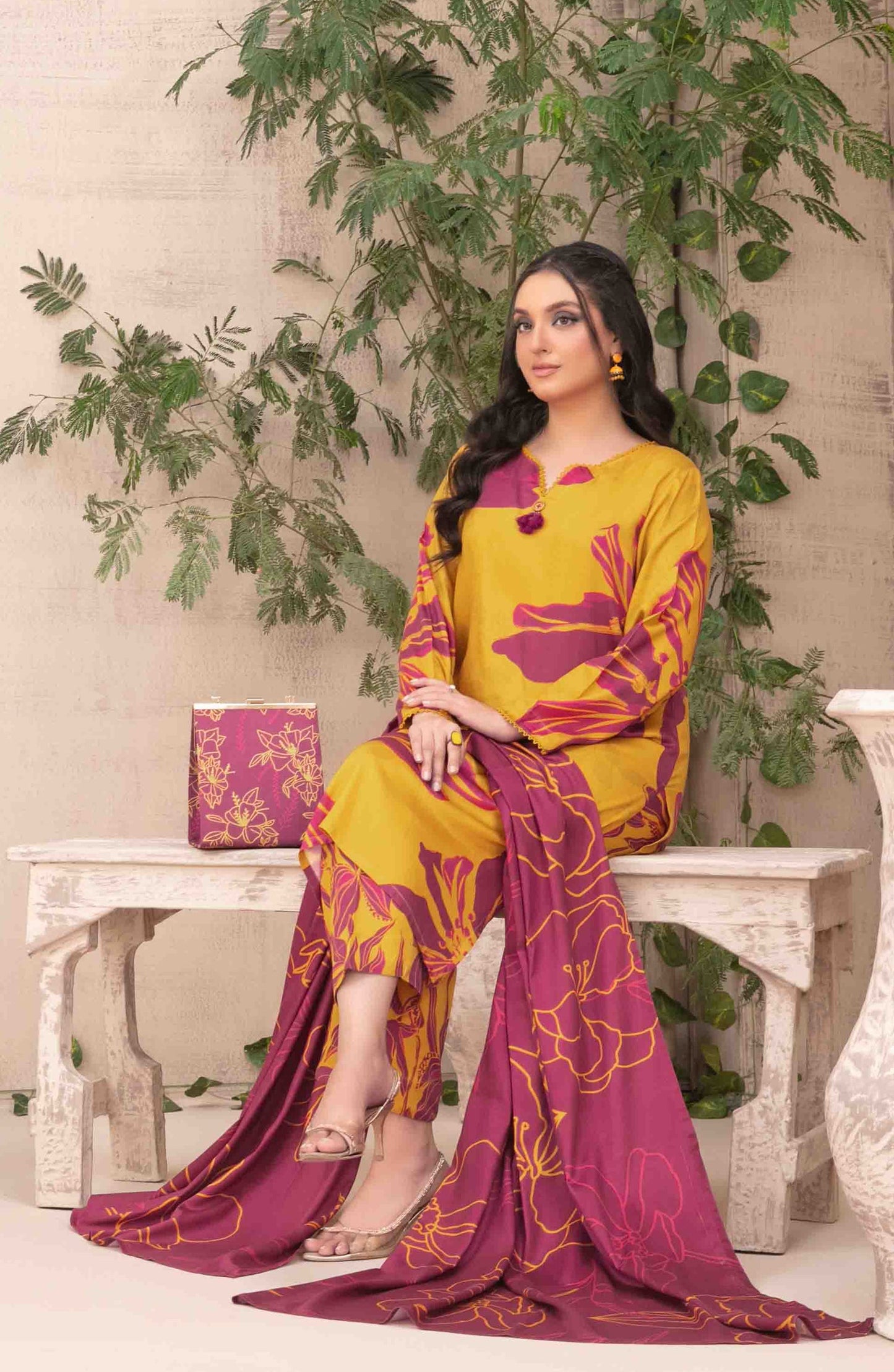 Layina by Tawakkal Fabrics Digital Printed Staple Stitched 3 Piece Suit - D-5086 - TF25STP - Yellow - Summer Collection