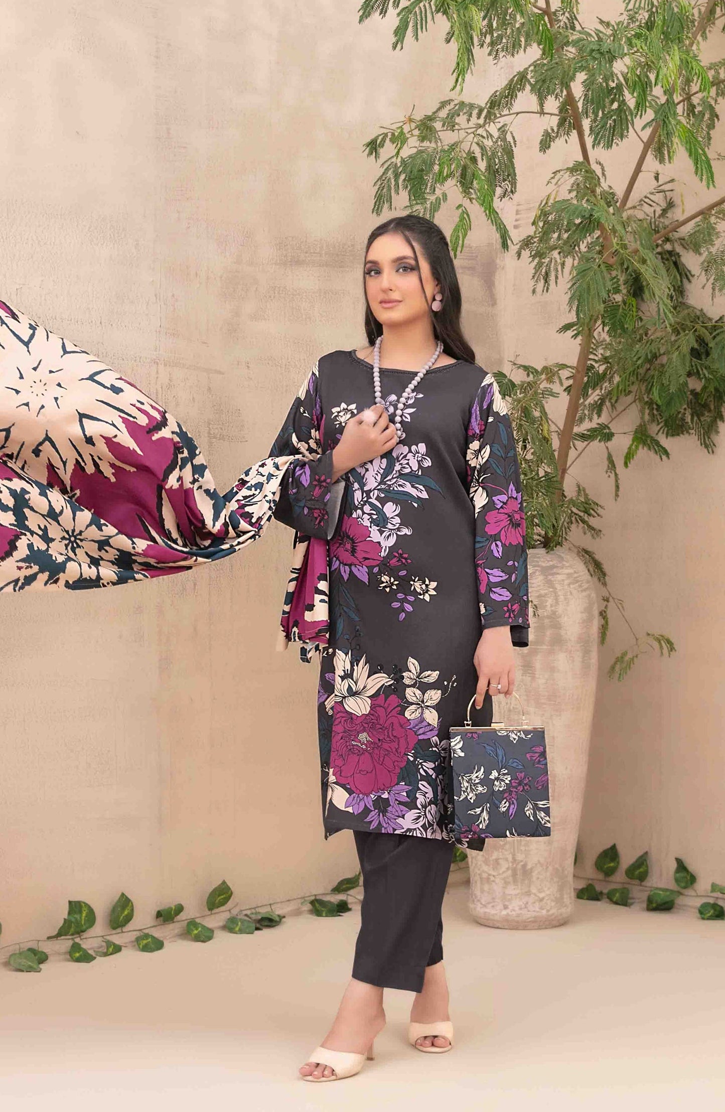 Layina by Tawakkal Fabrics Digital Printed Staple Stitched 3 Piece Suit - D-5083 - TF25STP - Black - Summer Collection