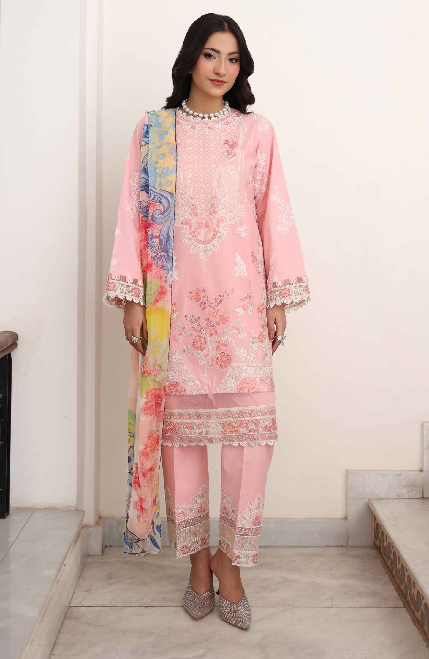 Libas by Khoobsurat Signature Embroidered Lawn Stitched 3 Piece Suit - D-04 - KHB26LB - Pink - Summer Collection
