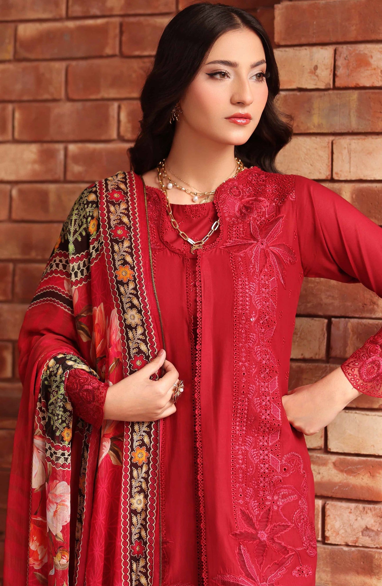 Libas by Khoobsurat Signature Embroidered Lawn Stitched 3 Piece Suit - D-01 - KHB26LB - Red - Summer Collection
