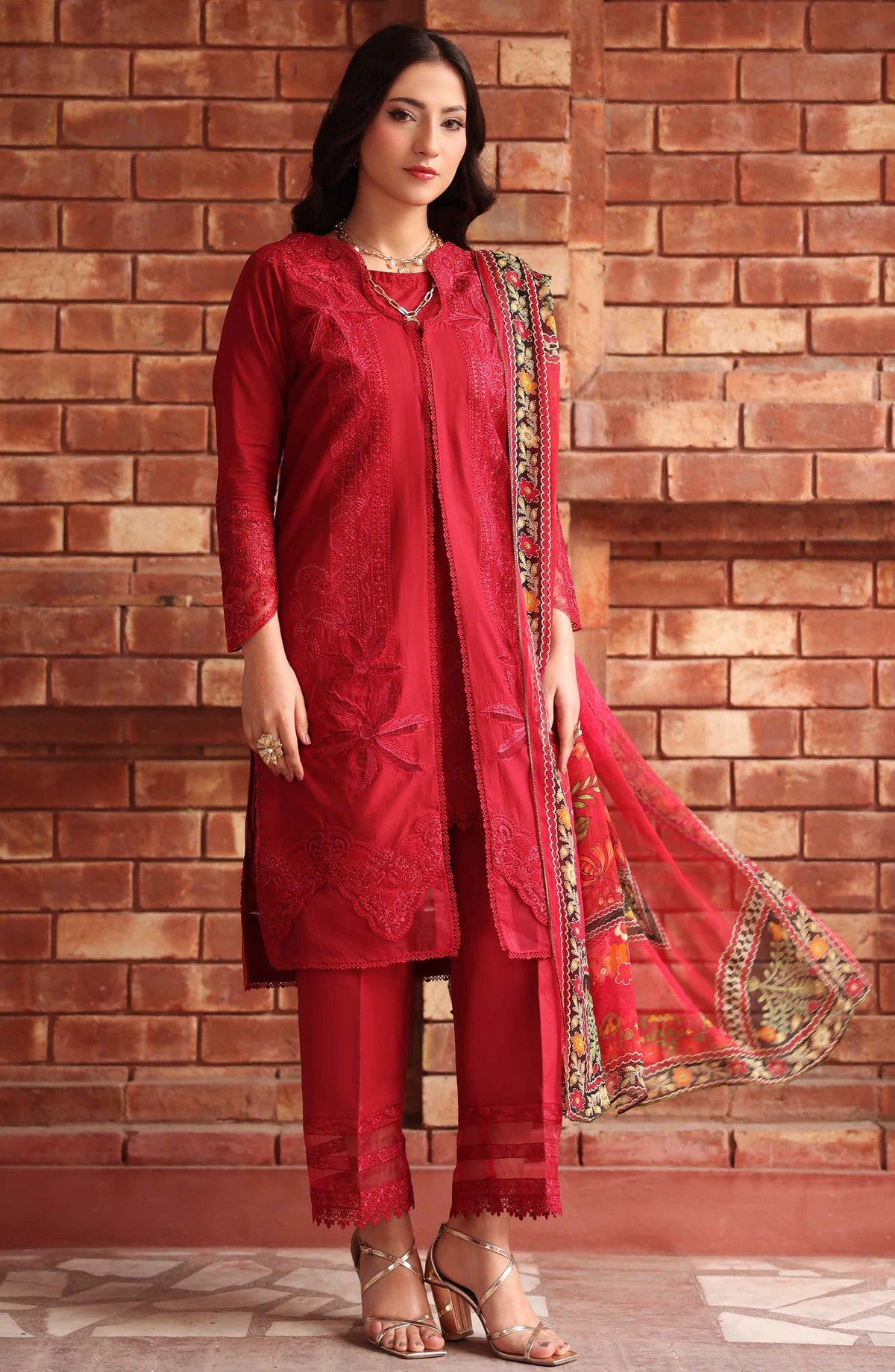 Libas by Khoobsurat Signature Embroidered Lawn Stitched 3 Piece Suit - D-01 - KHB26LB - Red - Summer Collection