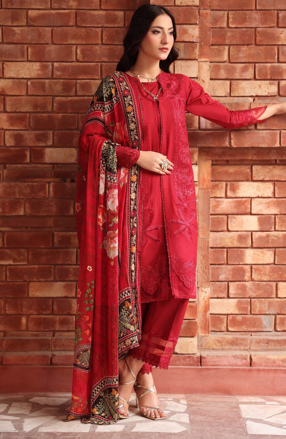 Libas by Khoobsurat Signature Embroidered Lawn Stitched 3 Piece Suit - D-01 - KHB26LB - Red - Summer Collection