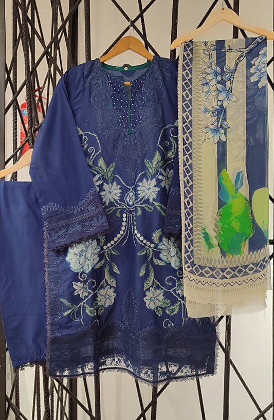 Libas by Khoobsurat Signature Embroidered Lawn Stitched 3 Piece Suit - D-02 - KHB26LB - Blue - Summer Collection