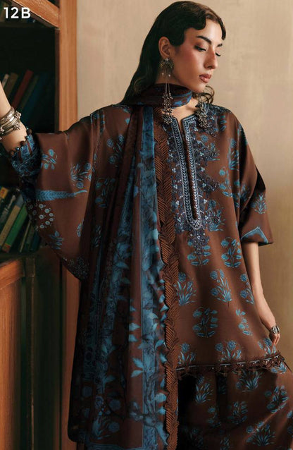M. Basics Embroidered Linen Unstitched 3 Piece Suit - D012B - MB26AST - Brown - Winter Collection