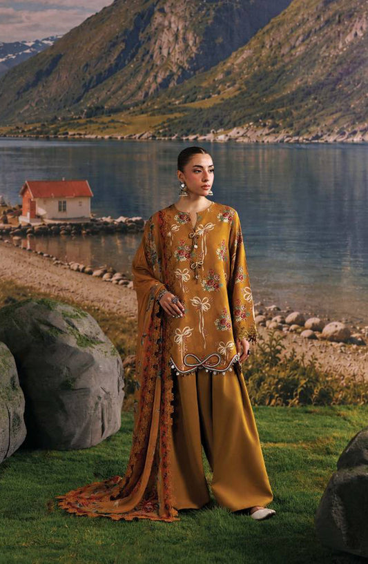 M. Basics Embroidered Linen Unstitched 3 Piece Suit - D08A - MB26AST - Mustard - Winter Collection