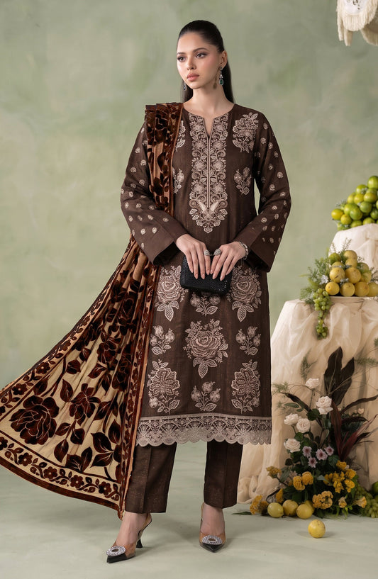 Mah-e-Naaz by Amna Khadija Embroidered Chamki Dhanak Unstitched 3 Piece Suit - D-07 - AM26MHN - Brown - Winter Collection