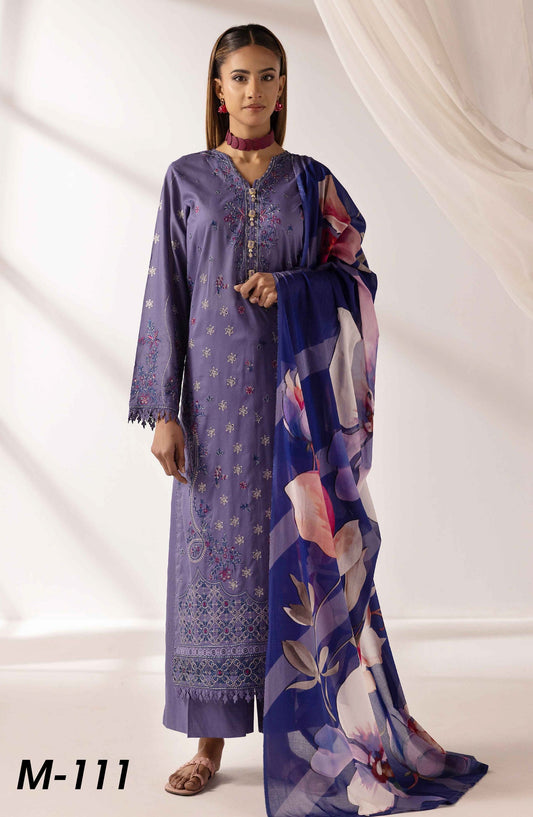 Mahjabeen by Embroidered Lawn Unstitched 3 Piece Suit - M-111 - AK26MHJ - Blue - Summer Collection