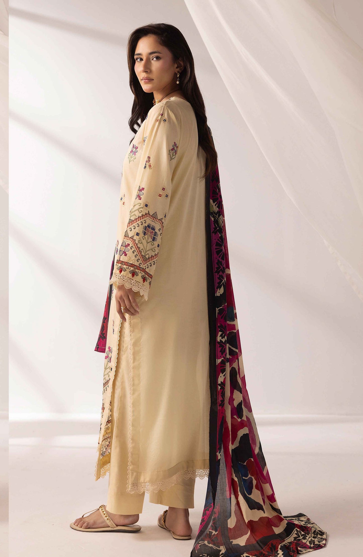 Mahjabeen by Al Karim Embroidered Lawn Unstitched 3 Piece Suit - M-108 - AK26MHJ - Fawn - Summer Collection