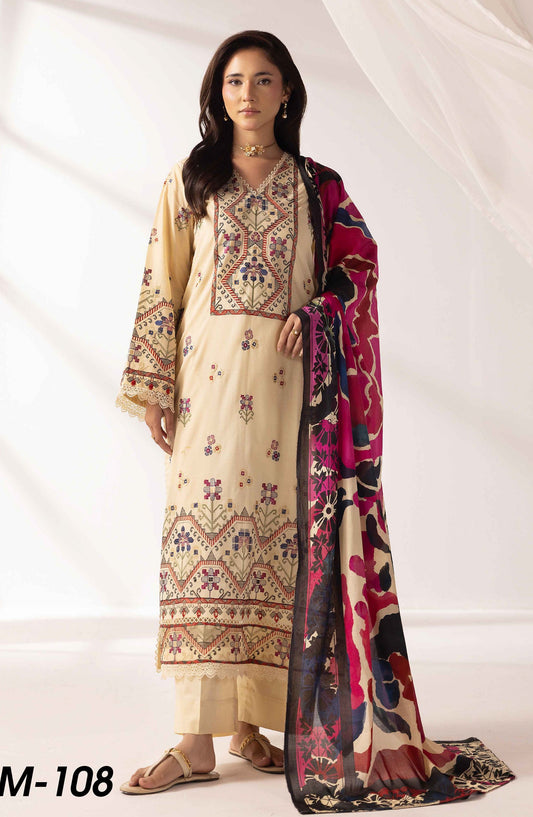 Mahjabeen by Embroidered Lawn Unstitched 3 Piece Suit - M-108 - AK26MHJ - Fawn - Summer Collection