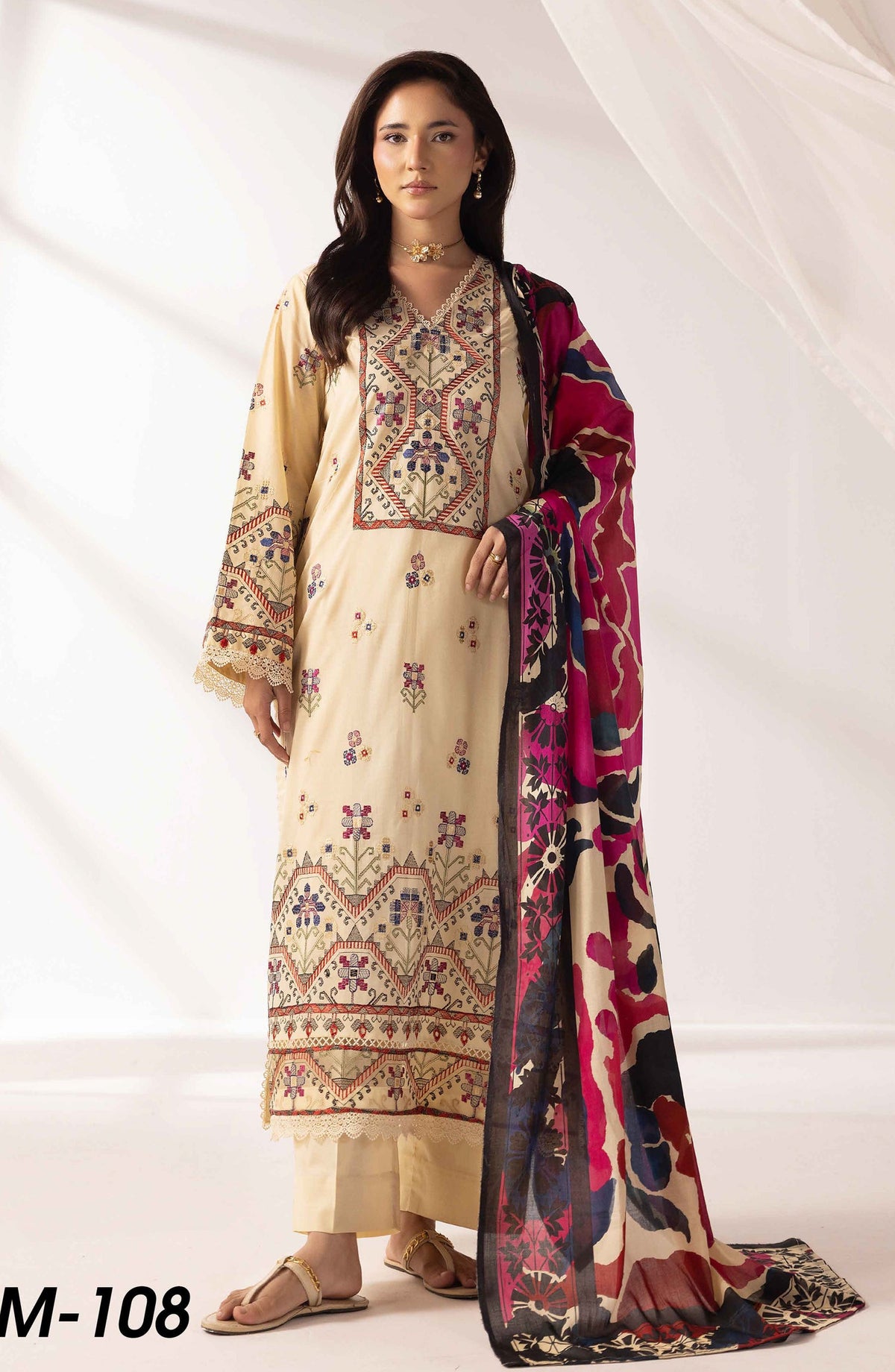 Mahjabeen by Embroidered Lawn Unstitched 3 Piece Suit - M-108 - AK26MHJ - Fawn - Summer Collection