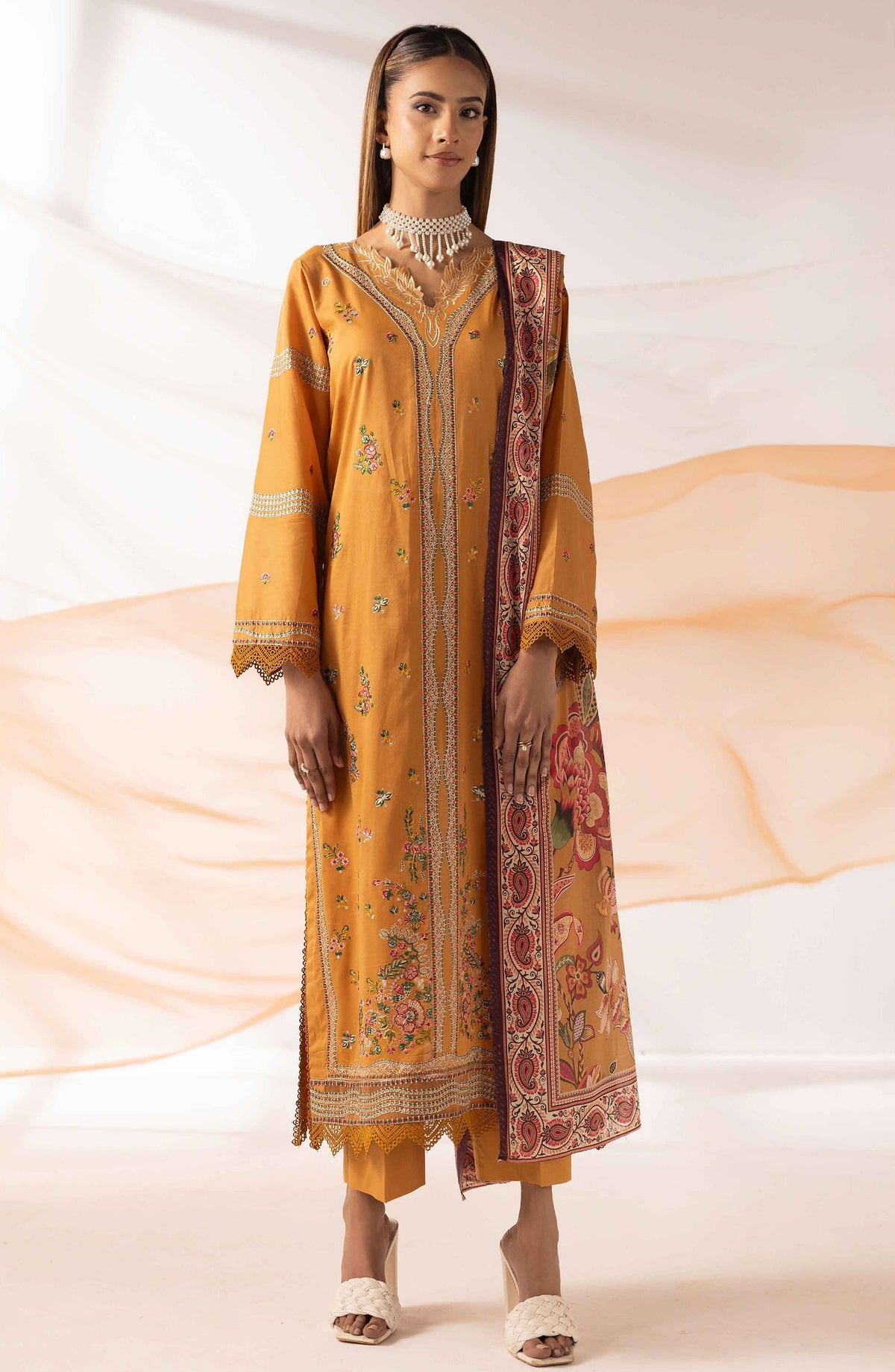 Mahjabeen by Embroidered Lawn Unstitched 3 Piece Suit - M-107 - AK26MHJ - Yellow - Summer Collection