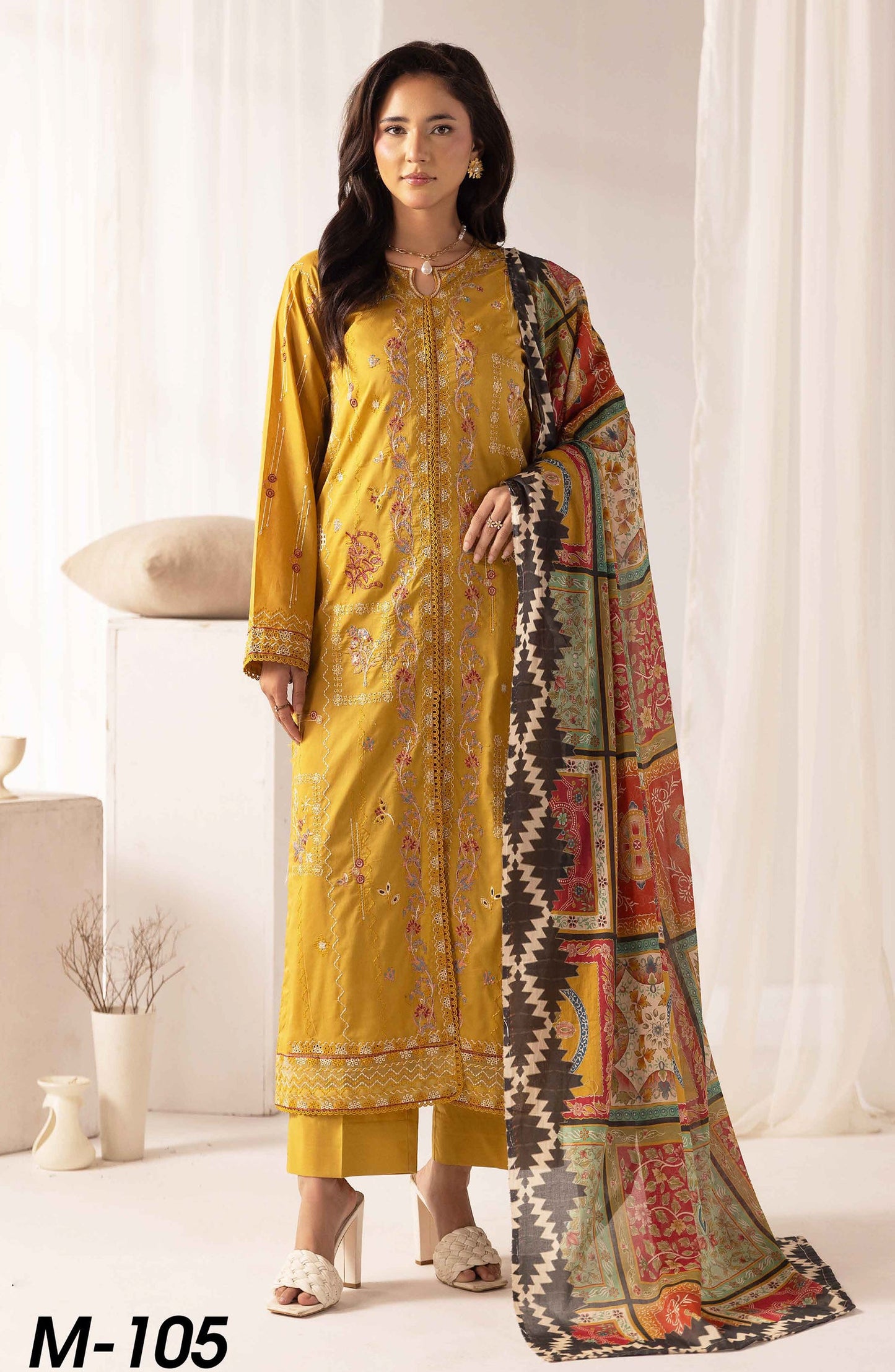 Mahjabeen by Embroidered Lawn Unstitched 3 Piece Suit - M-105 - AK26MHJ - Mustard - Summer Collection