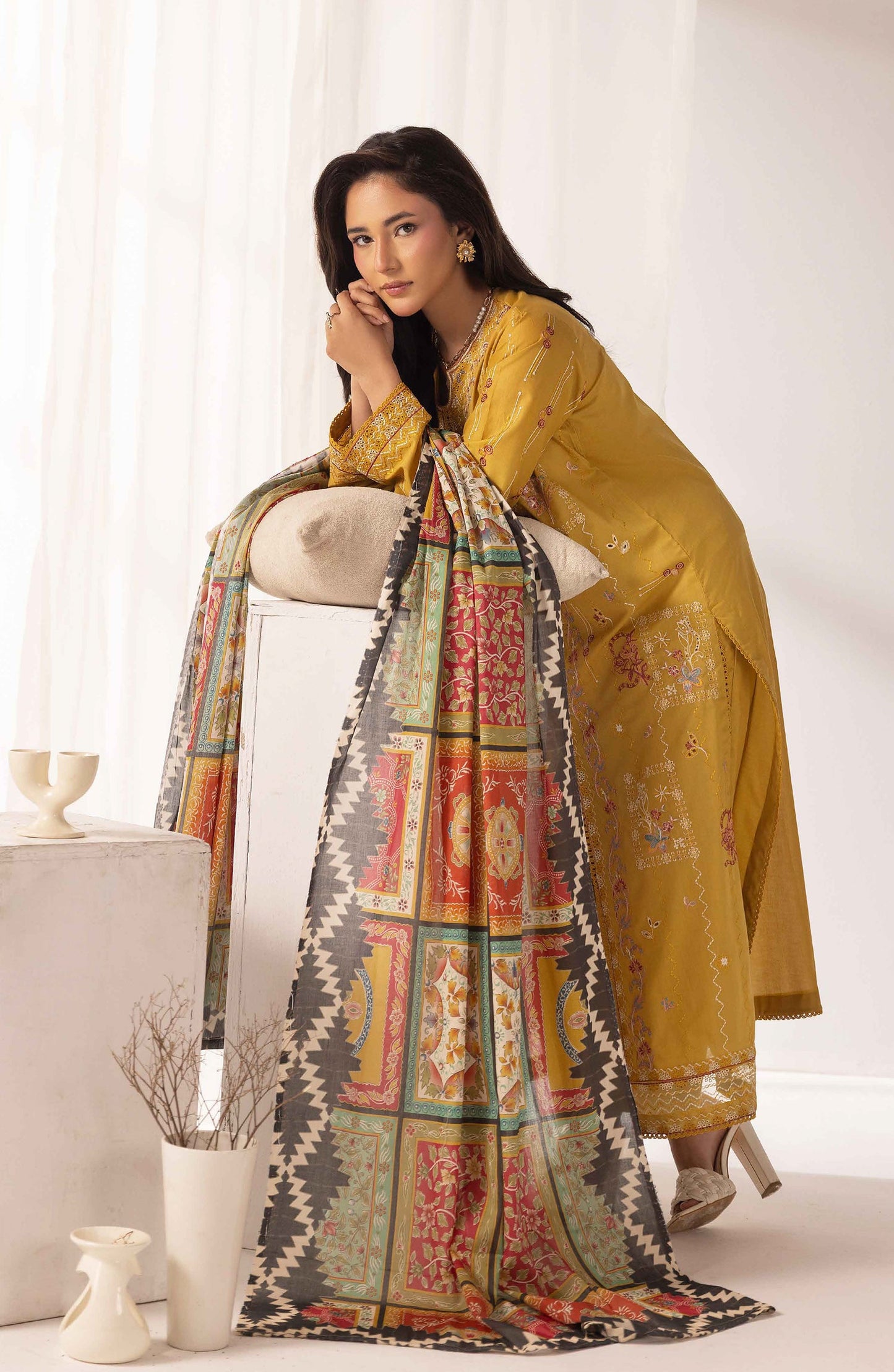 Mahjabeen by Al Karim Embroidered Lawn Unstitched 3 Piece Suit - M-105 - AK26MHJ - Mustard - Summer Collection