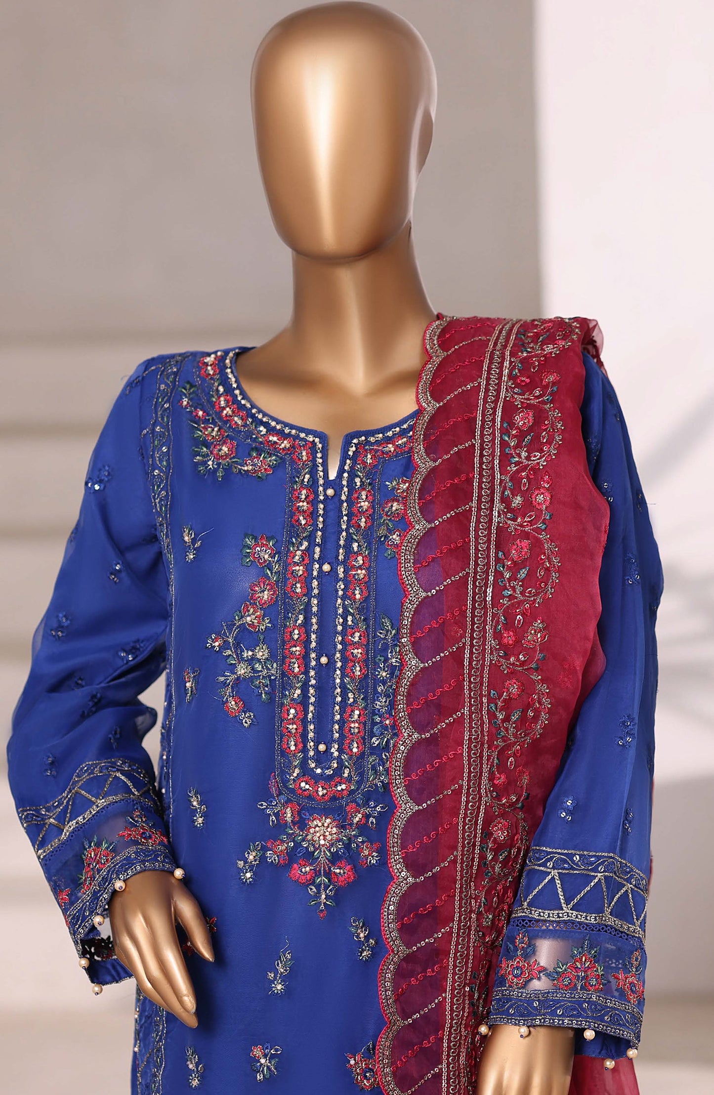 Mahpara by Sadabahar Embroidered Organza Stitched 3 Piece Suit - Design-01 - SBD25PARA - Blue - Festive Fotrmals Collection