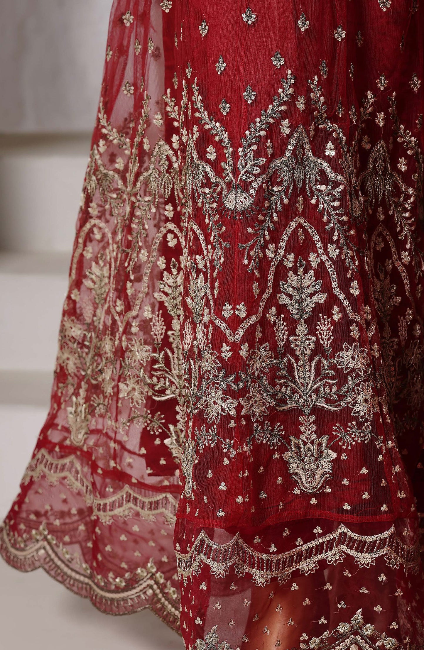 Mahpara by Sadabahar Embroidered Net Stitched 3 Piece Suit - Design-01 - SBD25PRLM - Red - Luxury Festive Collection