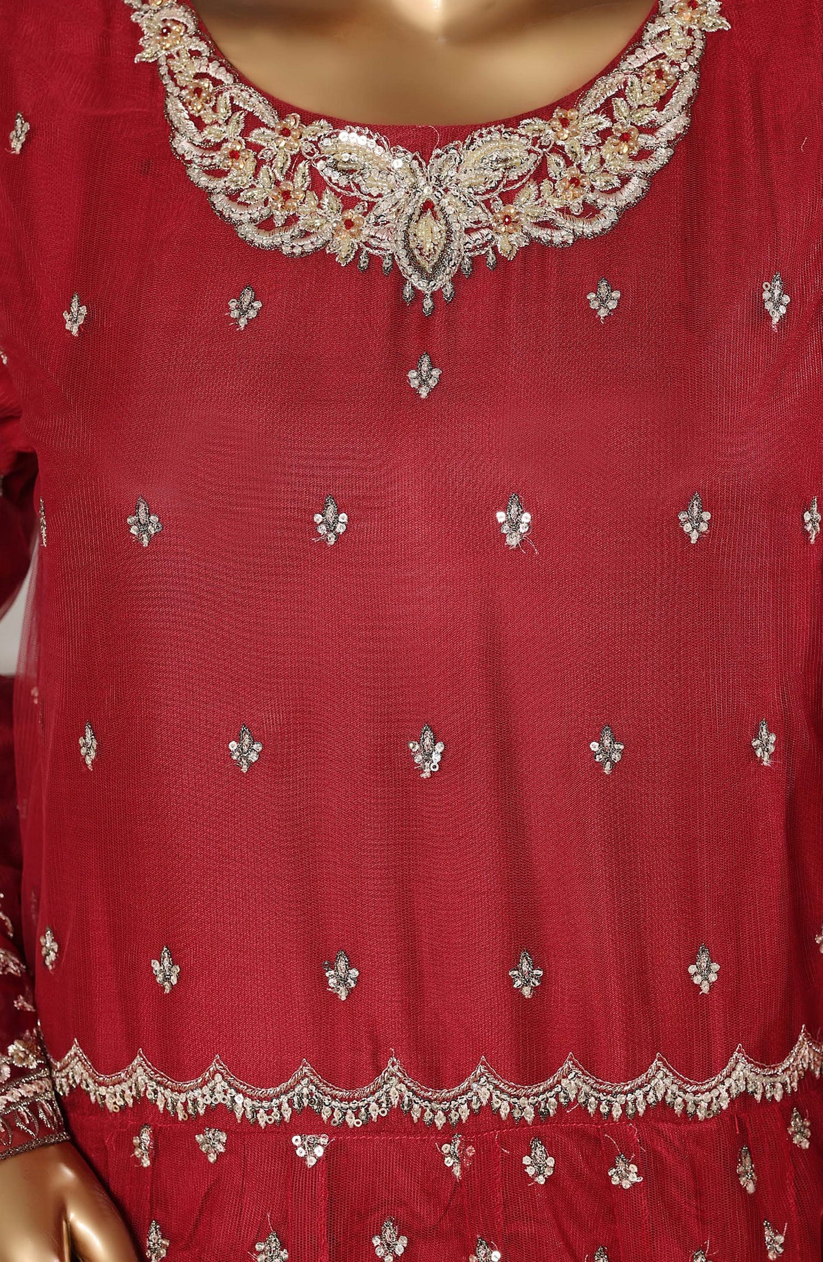 Mahpara by Sadabahar Embroidered Net Stitched 3 Piece Suit - Design-01 - SBD25PRLM - Red - Luxury Festive Collection