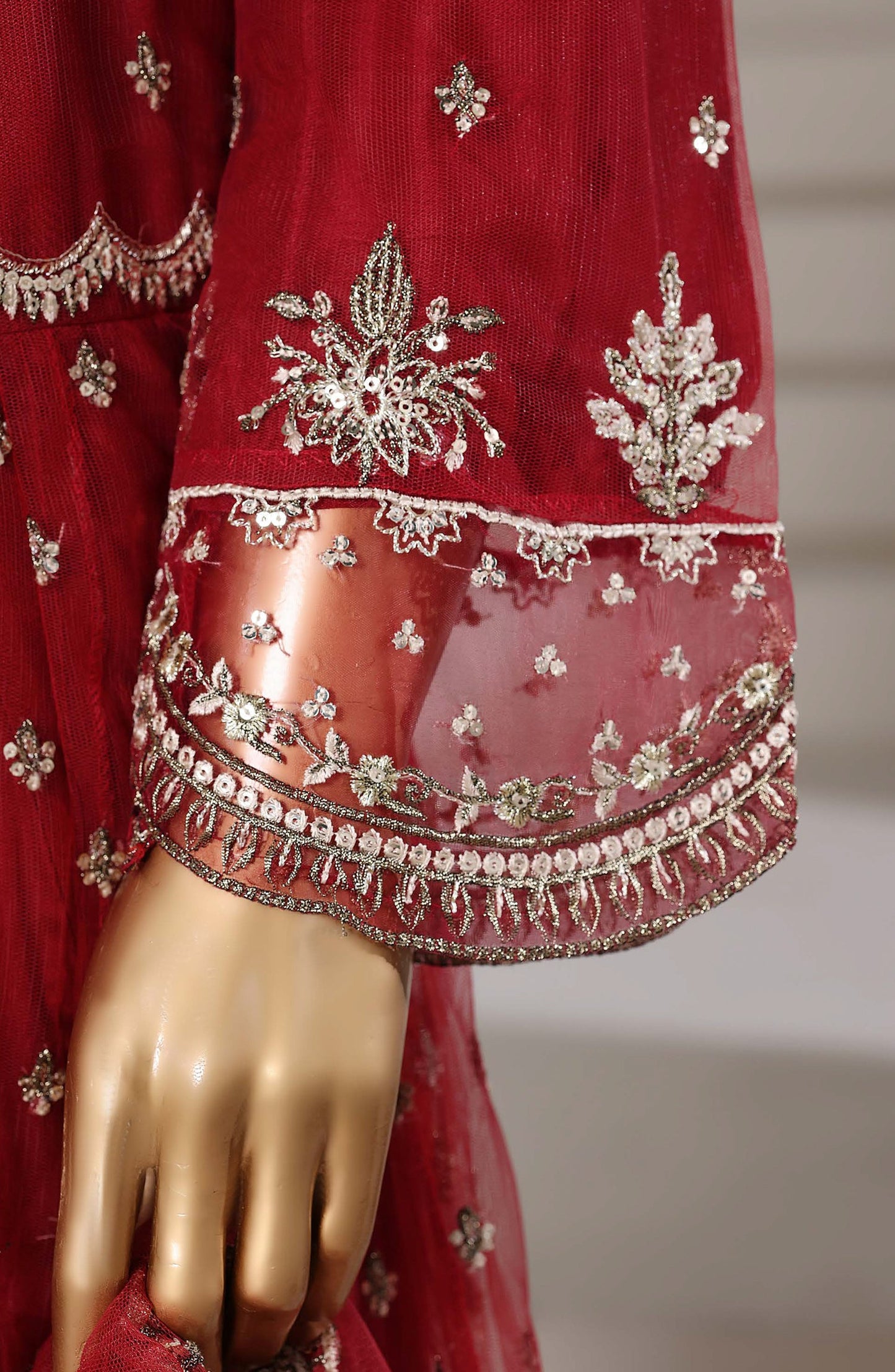 Mahpara by Sadabahar Embroidered Net Stitched 3 Piece Suit - Design-01 - SBD25PRLM - Red - Luxury Festive Collection